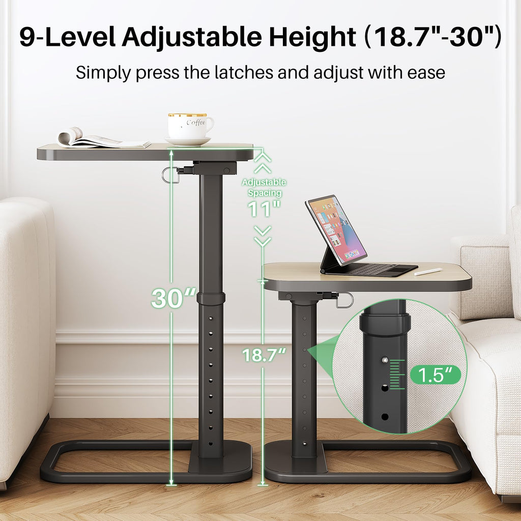 Kitstorack TV Tray Table, Adjustable Height & Rounded Metal Corners, Snack Table for Couch, Sofa, Bed, Chair, Living Room, C Shaped End Side Table for Eating, Dinner or Laptop, Small Spaces, Black
