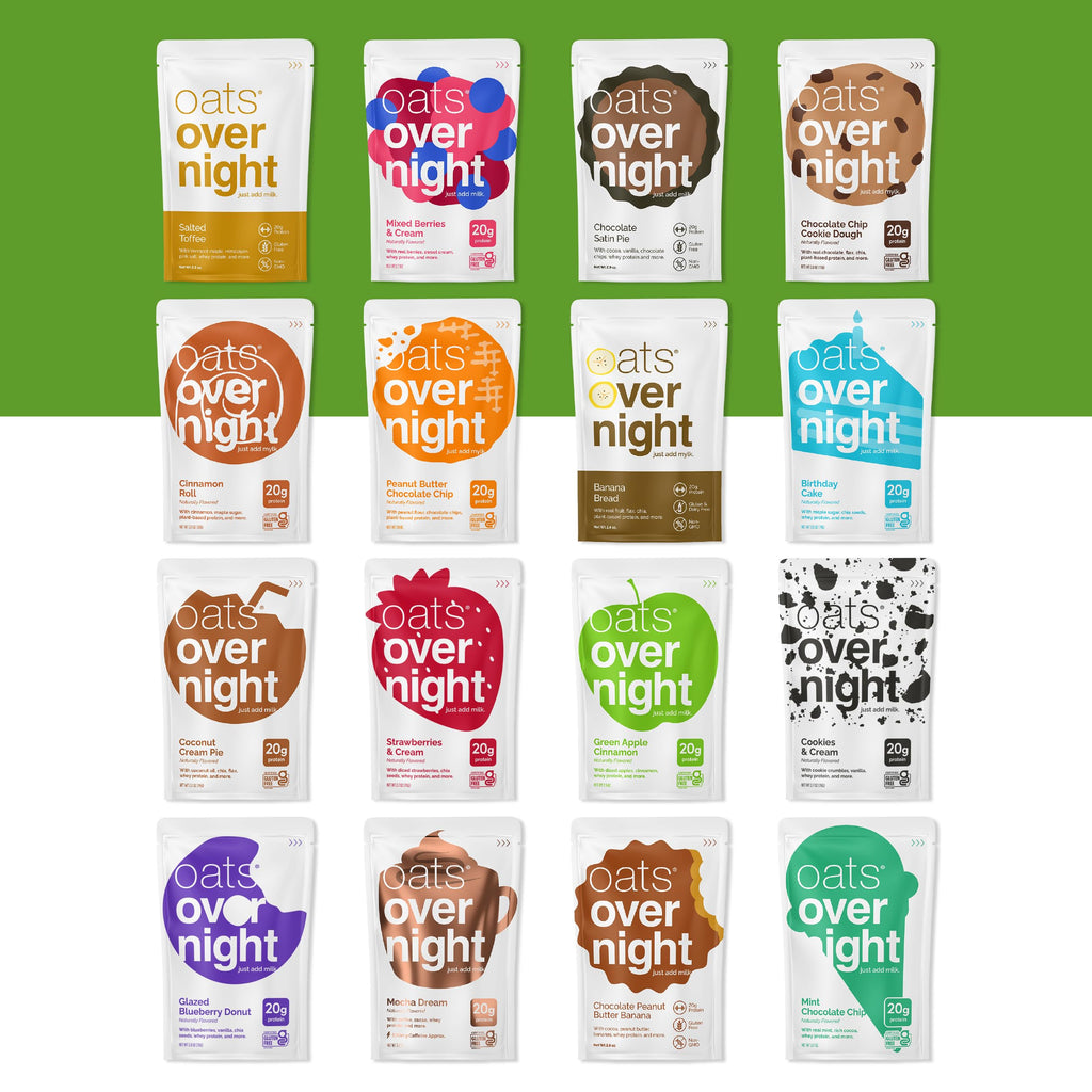 Oats Overnight Ultimate Variety Pack - High Protein, 5g Fiber Breakfast Protein Shake - Gluten Free Oatmeal, Non GMO High Protein Oatmeal - Green Apple Cinnamon, Coconut Cream Pie & More (16 Pack)