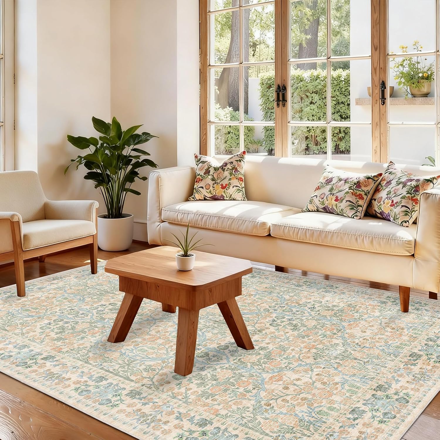 Area Rugs for Living Room - 5x7 Area Rugs, Floral Rug, Washable Rugs 5x7, Non-Slip, Stain Resistant Soft Vintage Large Carpet Low Pile Thin Rugs for Living Room Bedroom