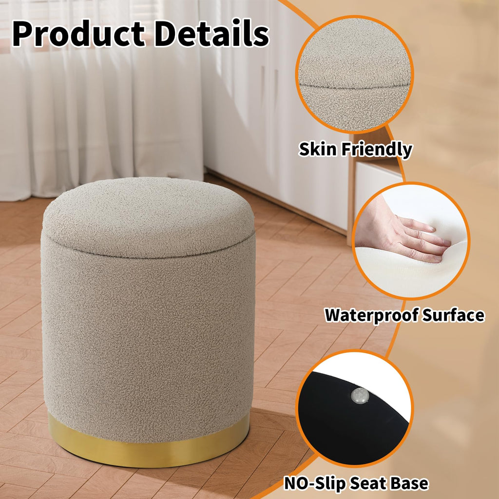 Joveco Boucle Round Ottoman with Storage,Vanity Stool with Storage for Bedroom, Ottoman Coffee Table,Small Boucle Foot Stool for Living Room, Black with Gold Plating