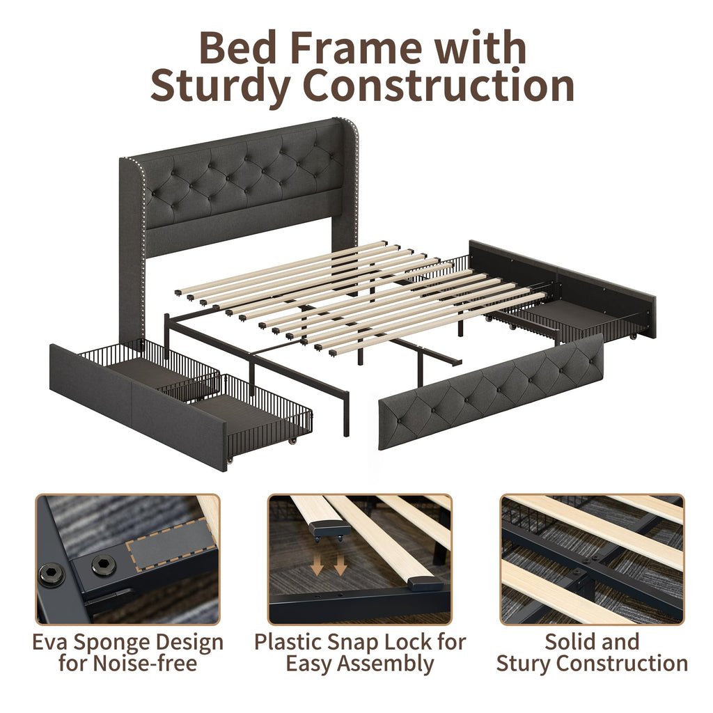 BRELTAM Full Size Bed Frame with Storage Drawers and Wingback Headboard Linen Upholstered Platform Bed Frame Tufted Beds with Heavy Duty Wood Slats, Noise Free, Easy Assembly, Beige
