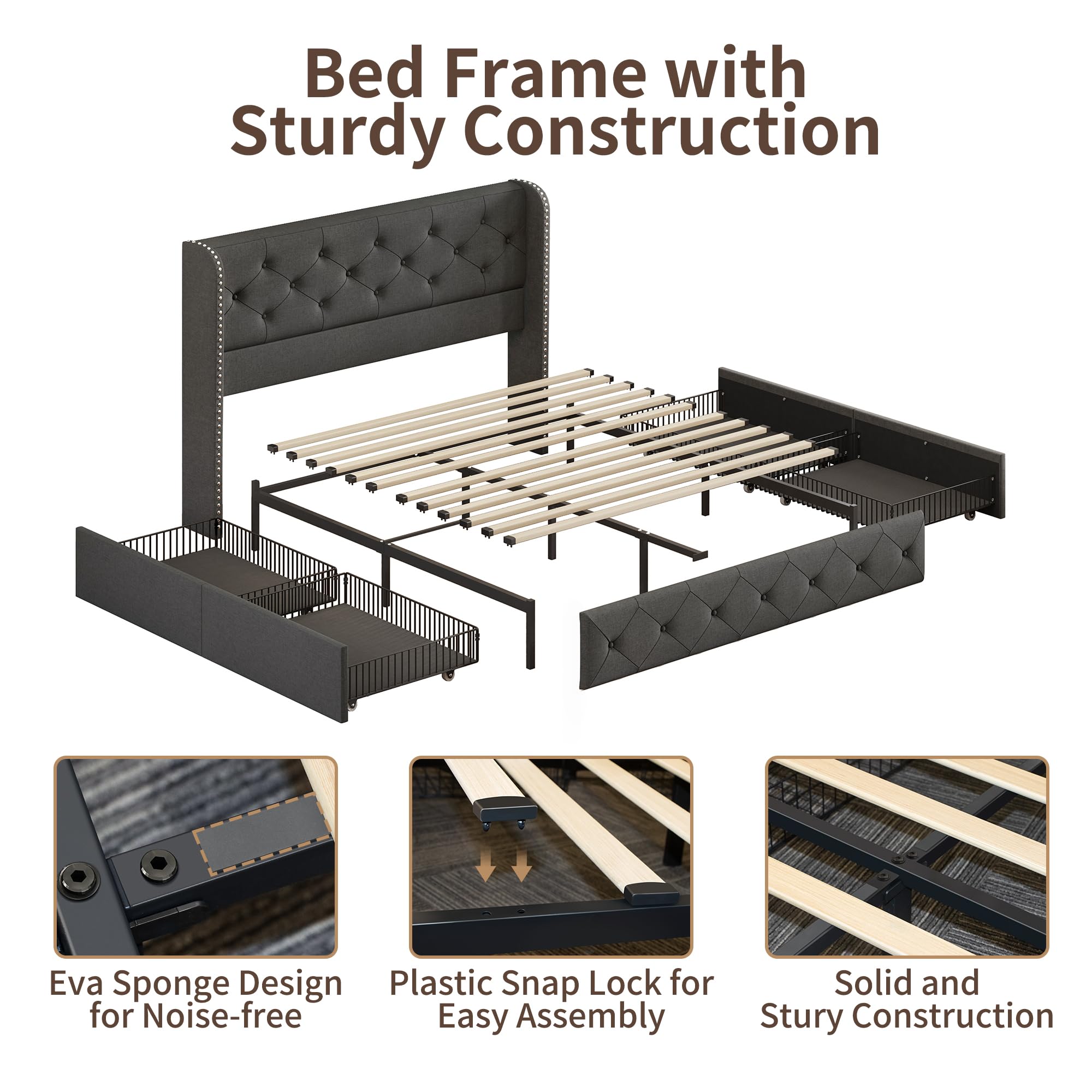 BRELTAM Full Size Bed Frame with Storage Drawers and Wingback Headboard Linen Upholstered Platform Bed Frame Tufted Beds with Heavy Duty Wood Slats, Noise Free, Easy Assembly, Beige