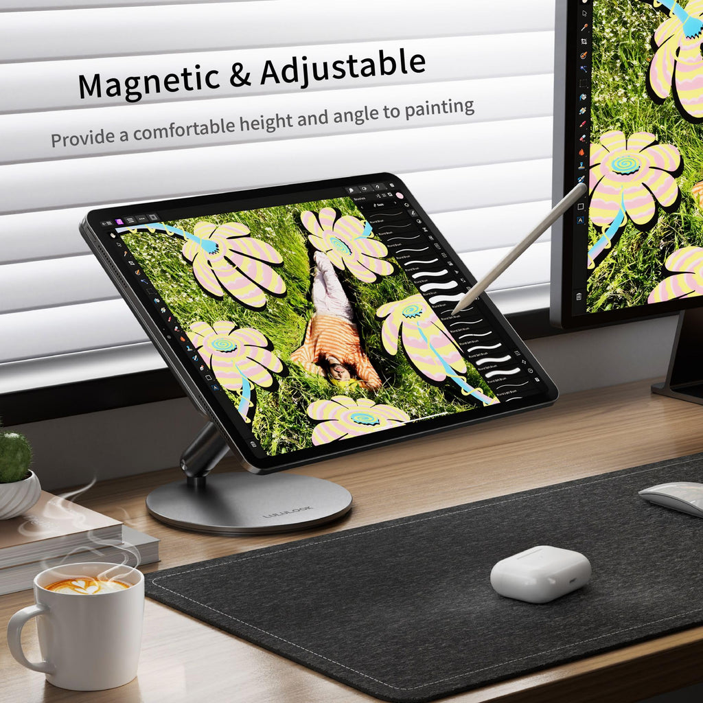 LULULOOK [Upgrade Magnetic Wireless Charging Stand for iPad Air 11" M4 (2026)/M3/M2, Foldable Aluminum Alloy iPad Pro Desk Stand with 360° Rotating Base for Pro 11" 1st/2nd/3rd/4th, Air 10.9 4th/5th
