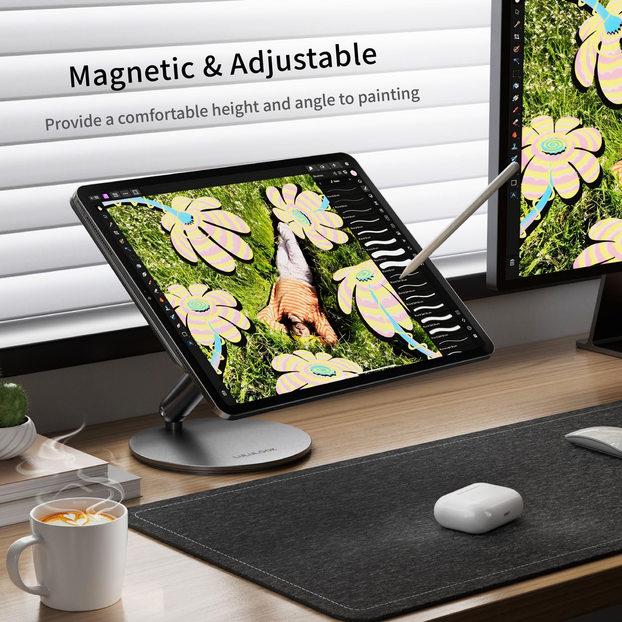 LULULOOK [Upgrade Magnetic Wireless Charging Stand for iPad Air 11" M4 (2026)/M3/M2, Foldable Aluminum Alloy iPad Pro Desk Stand with 360° Rotating Base for Pro 11" 1st/2nd/3rd/4th, Air 10.9 4th/5th