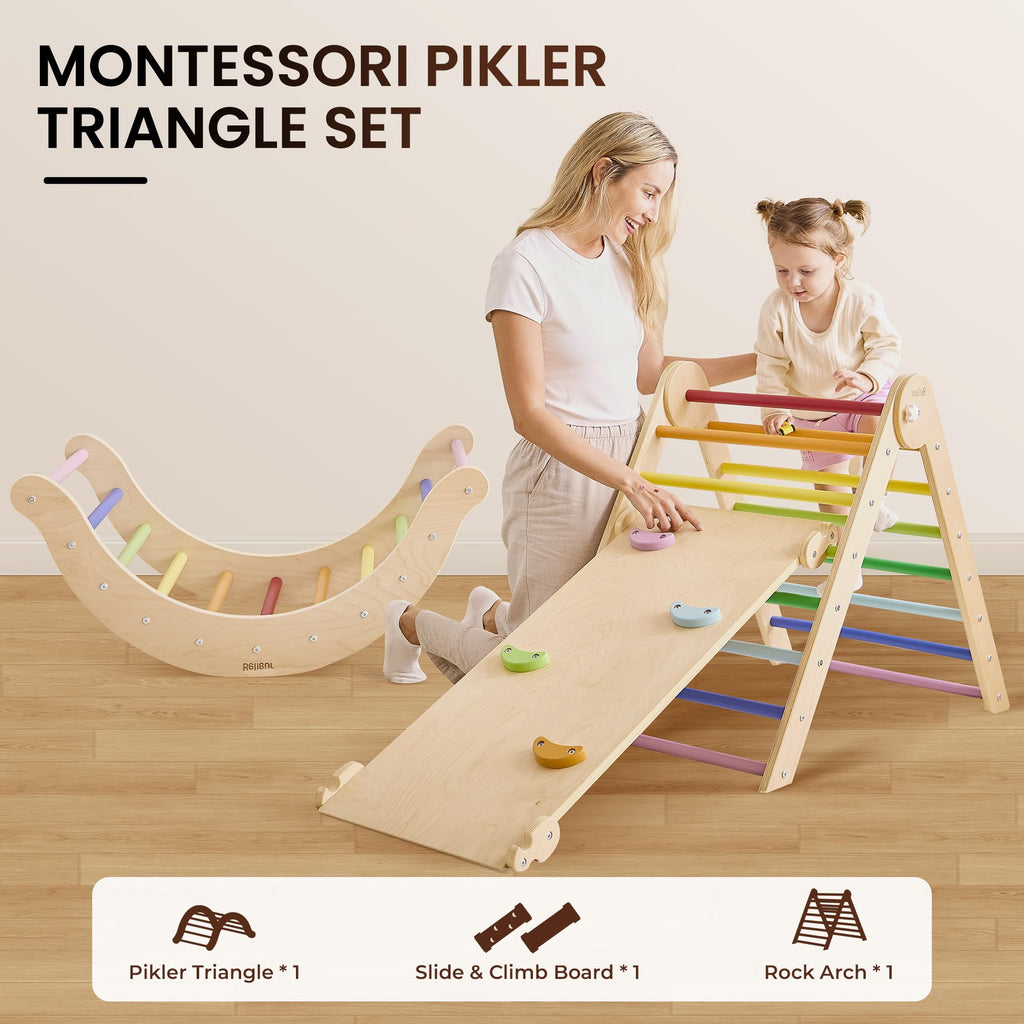 Belleur 7-in-1 Climbing Toys for Toddlers 1-3 Years Old, Foldable Wooden Pikler Triangle Set Indoor, Montessori Climbing Set with Arch, Ramp & Ladder - Natural
