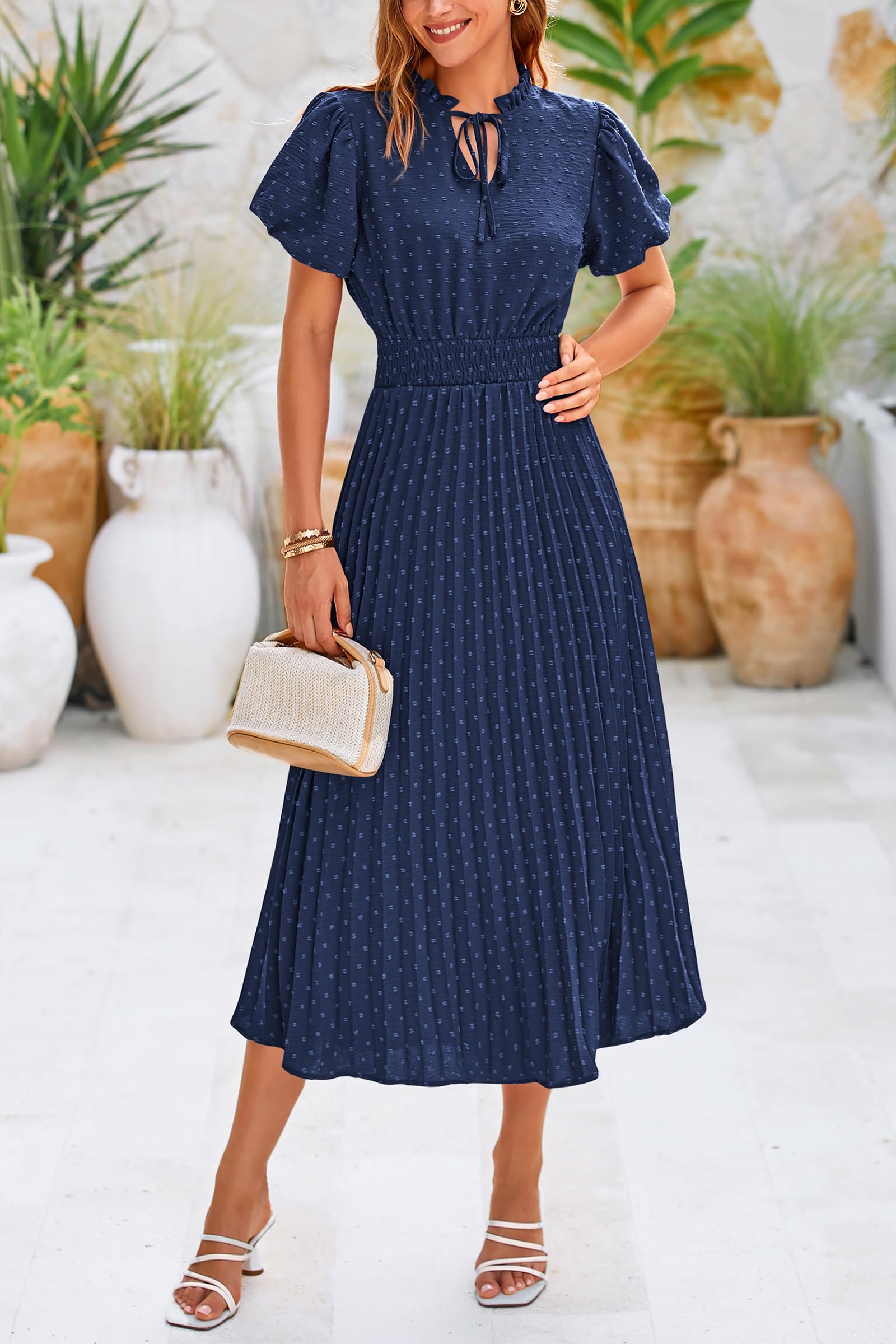PRETTYGARDEN Womens Summer Midi Dresses Puff Short Sleeve V Neck Swiss Dot Pleated A Line Flowy Long Wedding Guest Dress