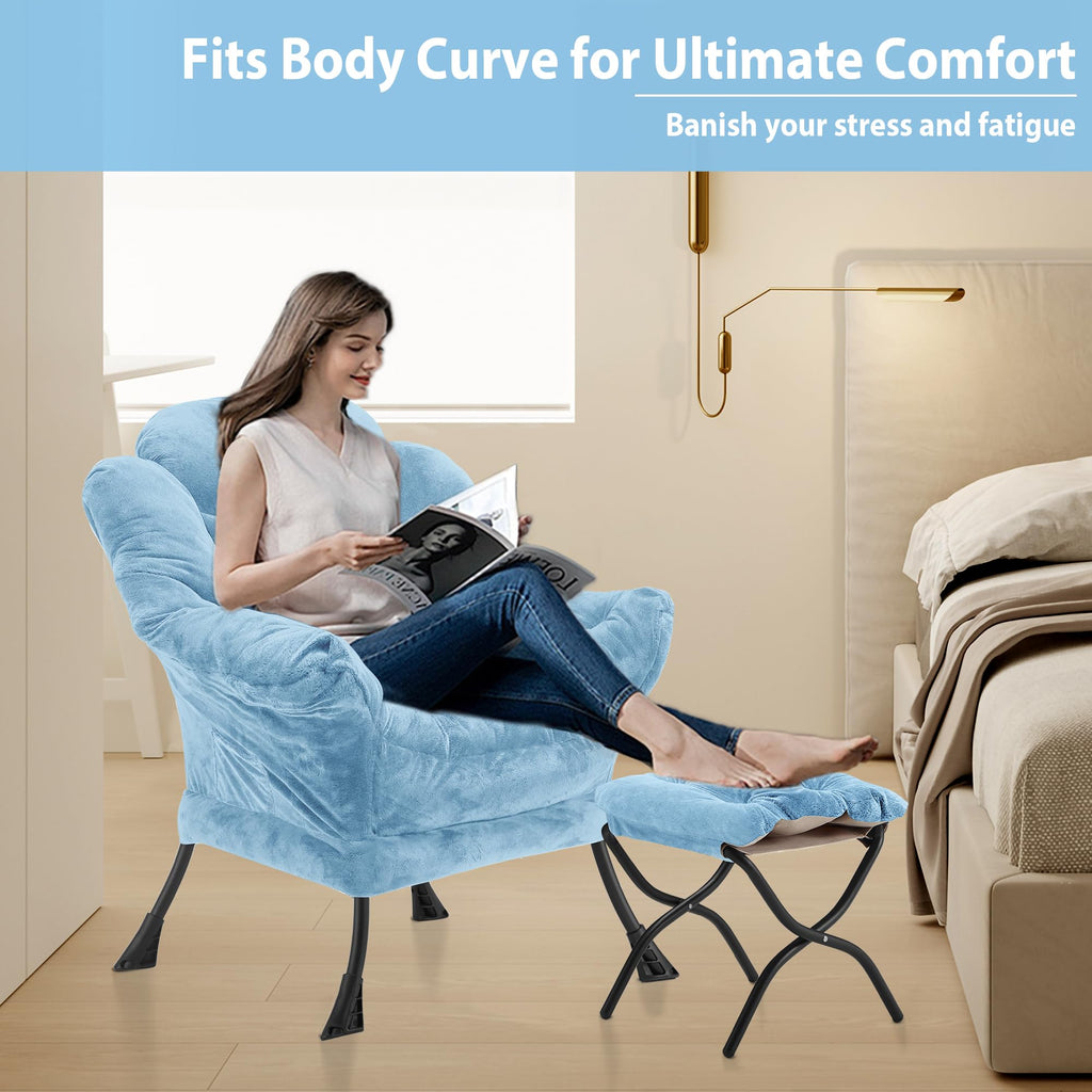 Youtanic Lazy Chair with Folding Ottoman, Accent Chair Velvet Upholstered with Metal Structure and Non-Slip Pads, Sofa Armchair with Footrest and Side Storage Bag for Dorm, Room, Office, Beige