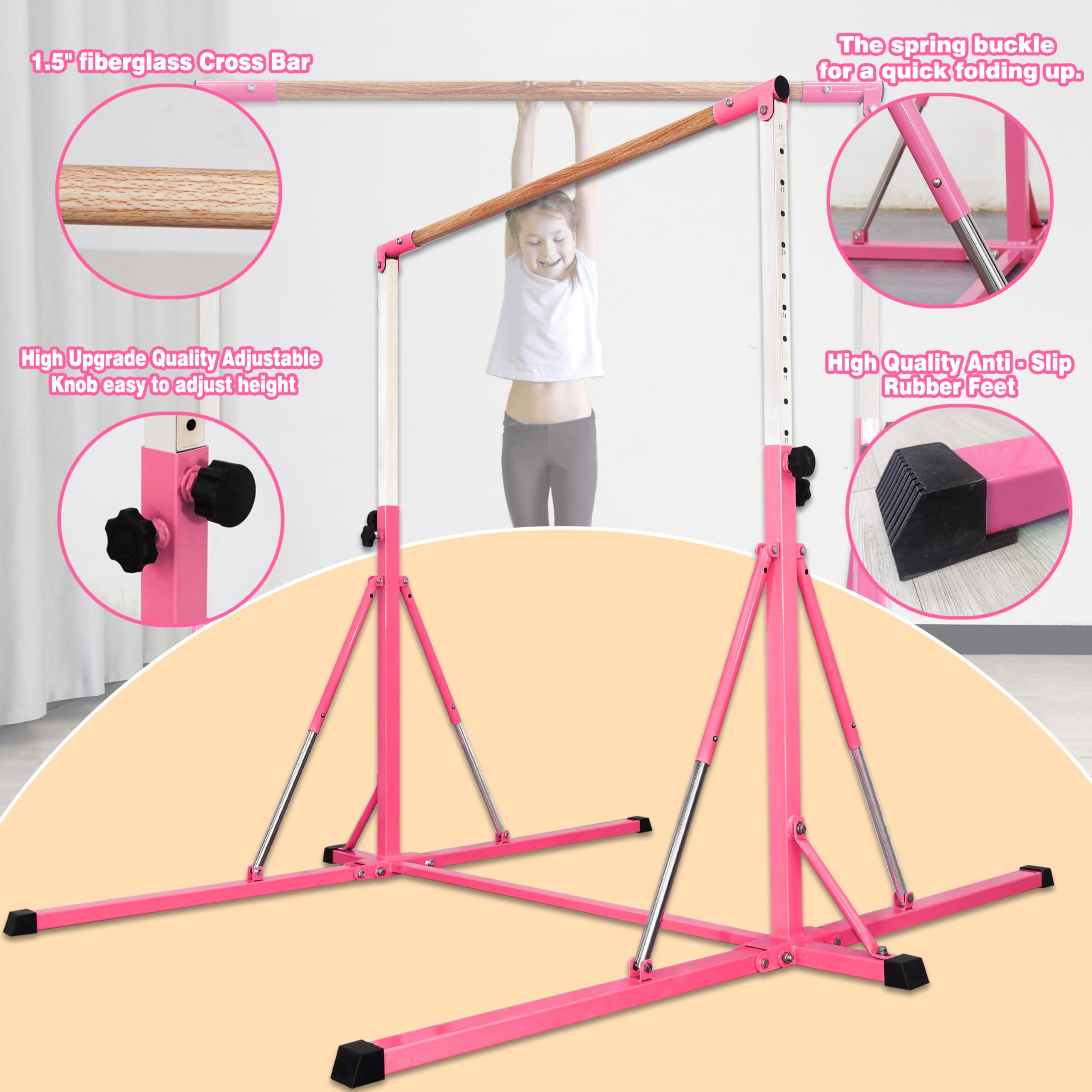 FC FUNCHEER Gymnastics Bar for Kids Ages 3-15, 35" to 60" Adjustable Height, 4FT Wide Base - Professional Kip Bar with 360° Stability & Fiberglass Crossbar, Easy Fold&Solid Design for Home Training