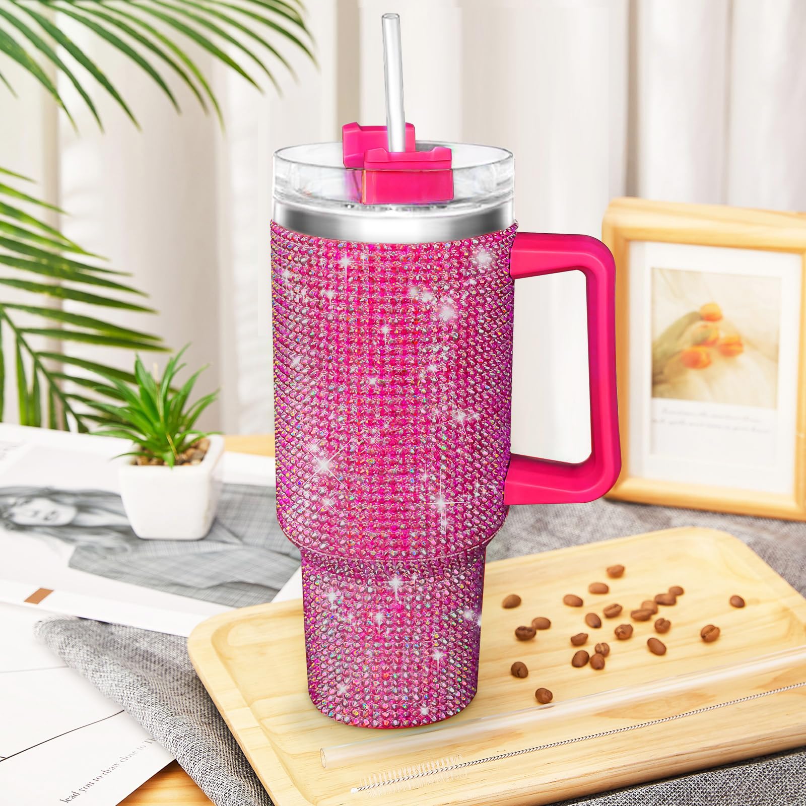 HWISDMIG 40oz Tumbler with Handle-Glitter Rhinestones Tumbler Bling Cups Stainless Steel Water Bottle Diamond Studded Tumbler for Women-Birthday Gifts for Women, Mom, Girlfriend (Amethyst)