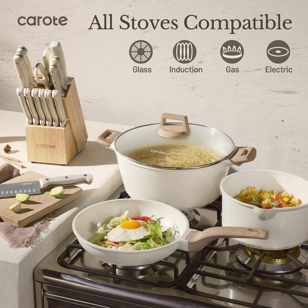 CAROTE 21pcs Pots and Pans Set Nonstick, Cookware Set Black Induction Kitchen Cooking Set w/Frying Pans & Saucepans(PFOS, PFOA Free)