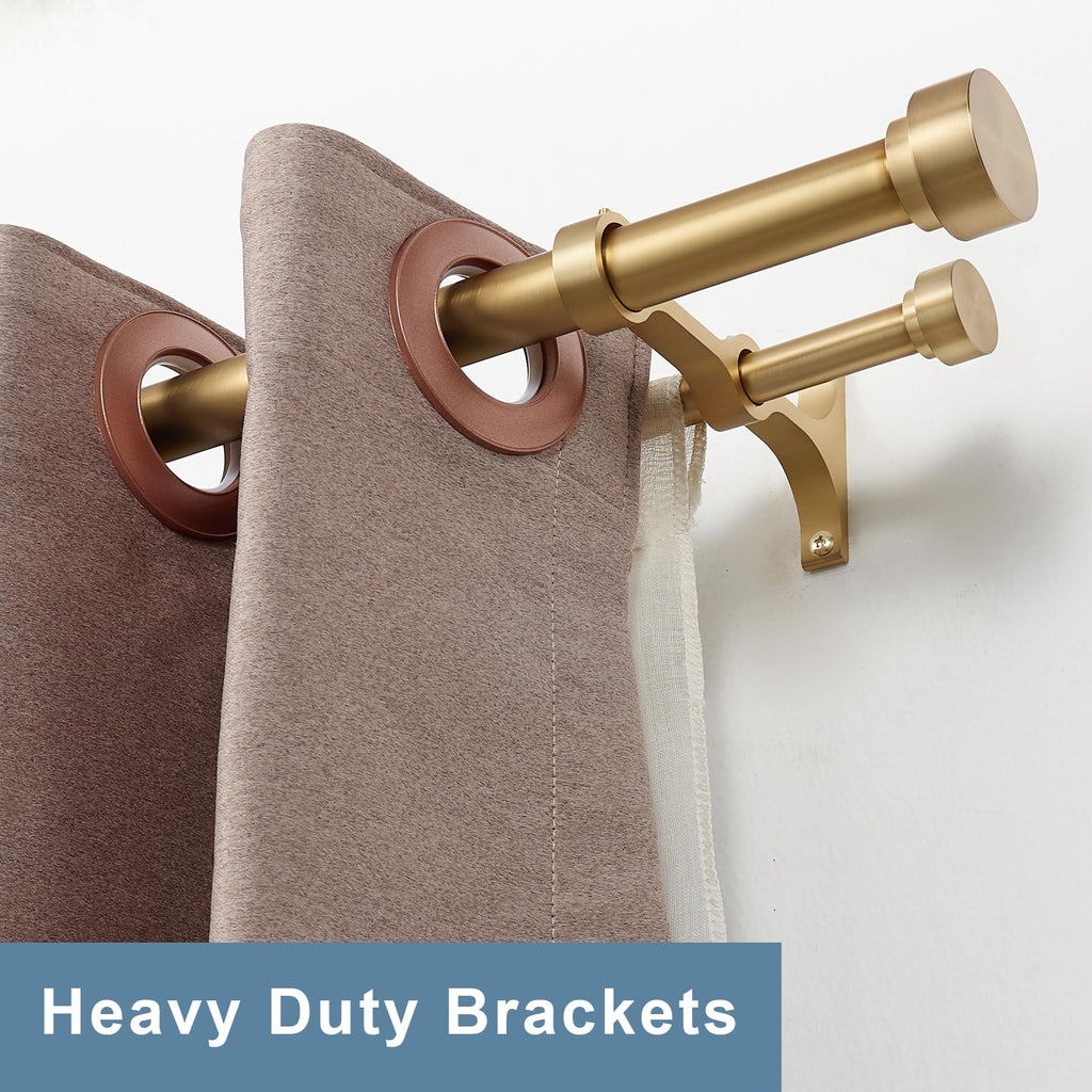 Heavy Duty Double Curtain Rods with Cylindrical Cap Finials - 36 to 72' Telescoping Rods, 1 Inch and 5/8 Inch Diameter, Light Gold