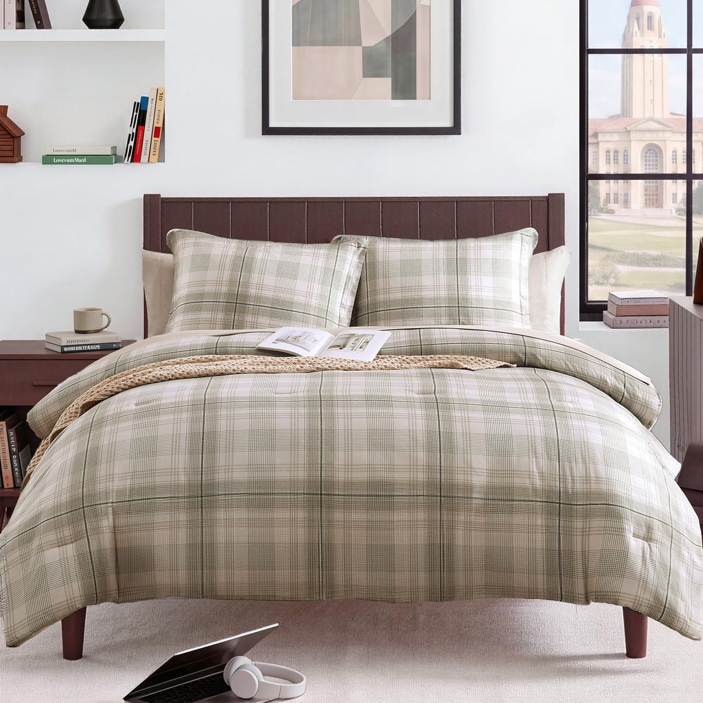 MaiRêve Queen Comforter Set, Classic Plaid Farmhouse Bedding Sets 7 Pieces, Beige All Season Bed in A Bag with Sheets, Pillowcases & Shams