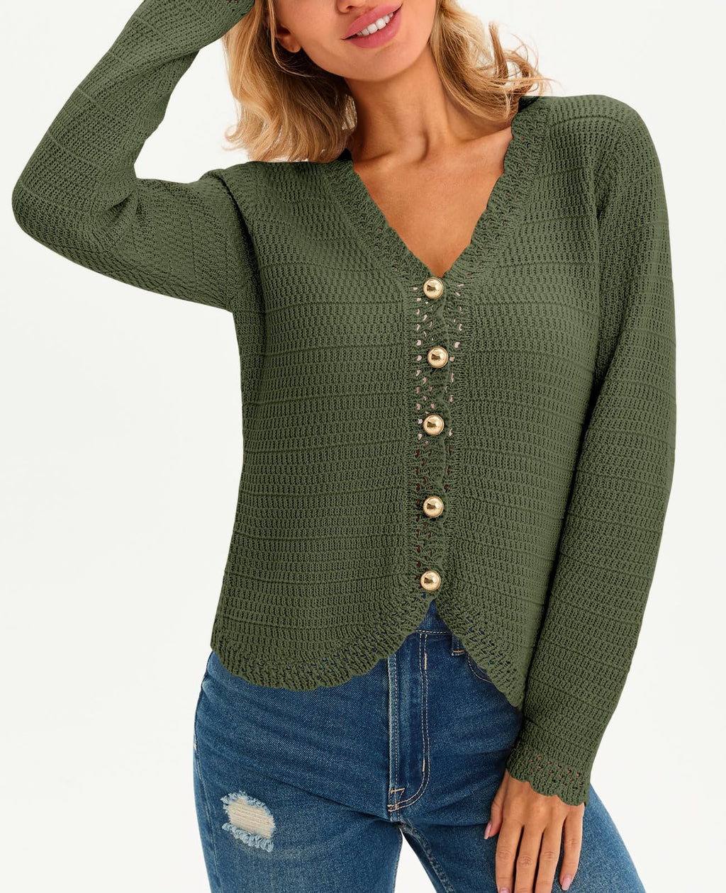 Saodimallsu Womens V Neck Cardigan Sweaters Button Up Cropped Boho Knit Long Sleeve Loose Trendy Sweater Tops