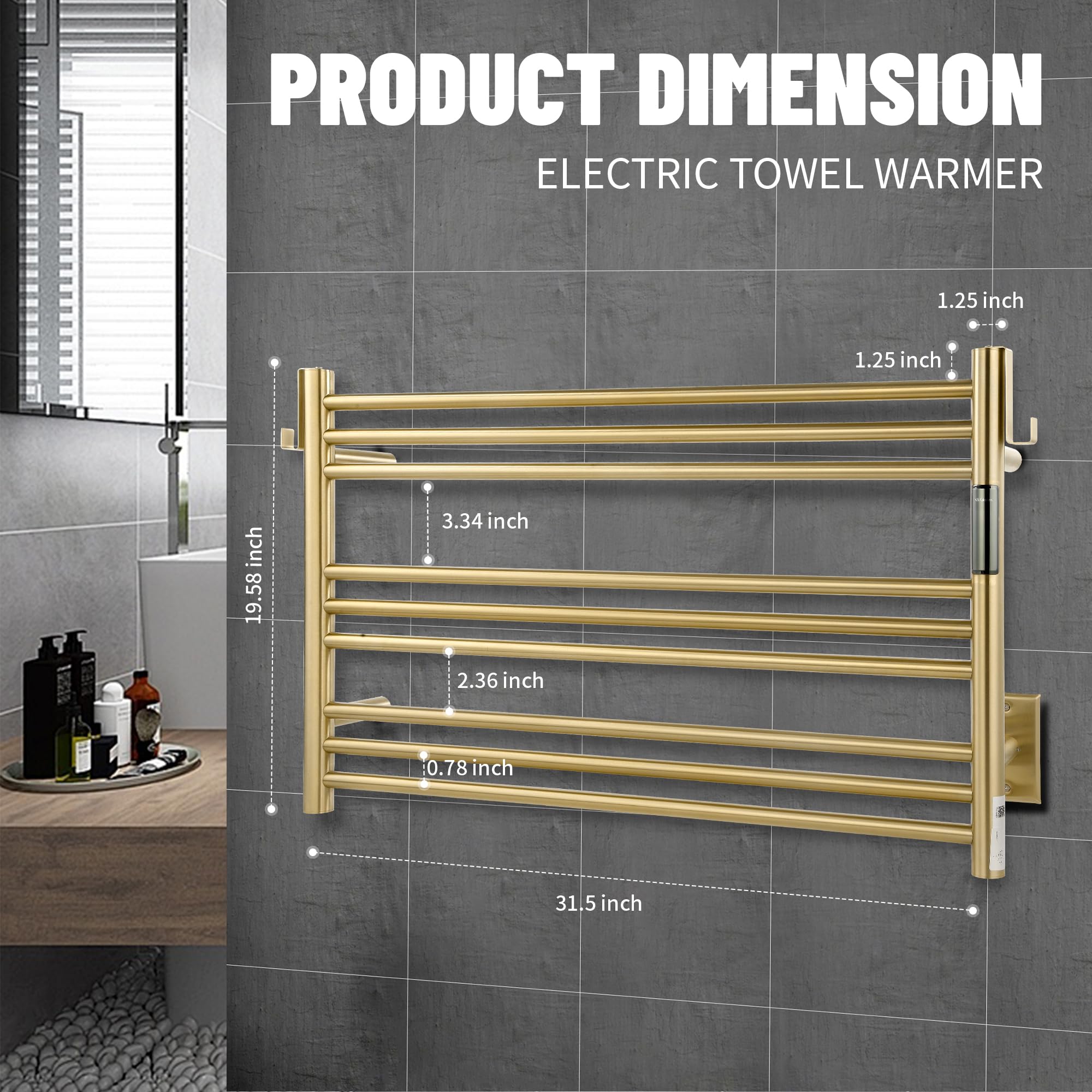 K&KALONZO Wall-Mounted 9-Bar Heated Towel Rack, Fast Heat in 2 Min, NTC Safety | 4 Timers & 3 Heat Levels Control, Plug-In/Hardwired, Top Hooks, Memory Function, Anti-Scald, Stainless Steel, EL13ML