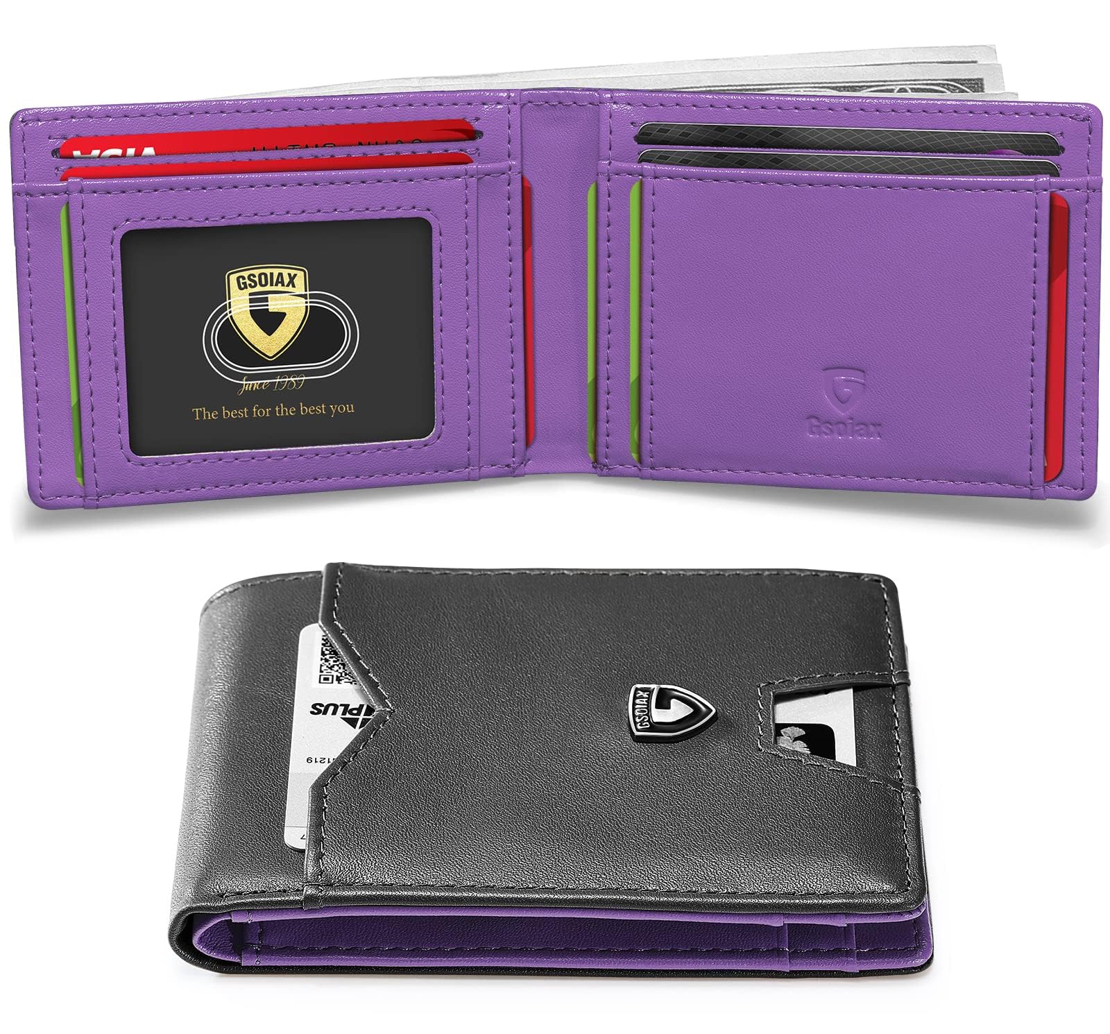 GSOIAX Slim Wallet for Men Rfid Blocking Leather Bifold Front Pocket Carbon Fiber Men's Money Clips Credit Card Holder With Gift Box