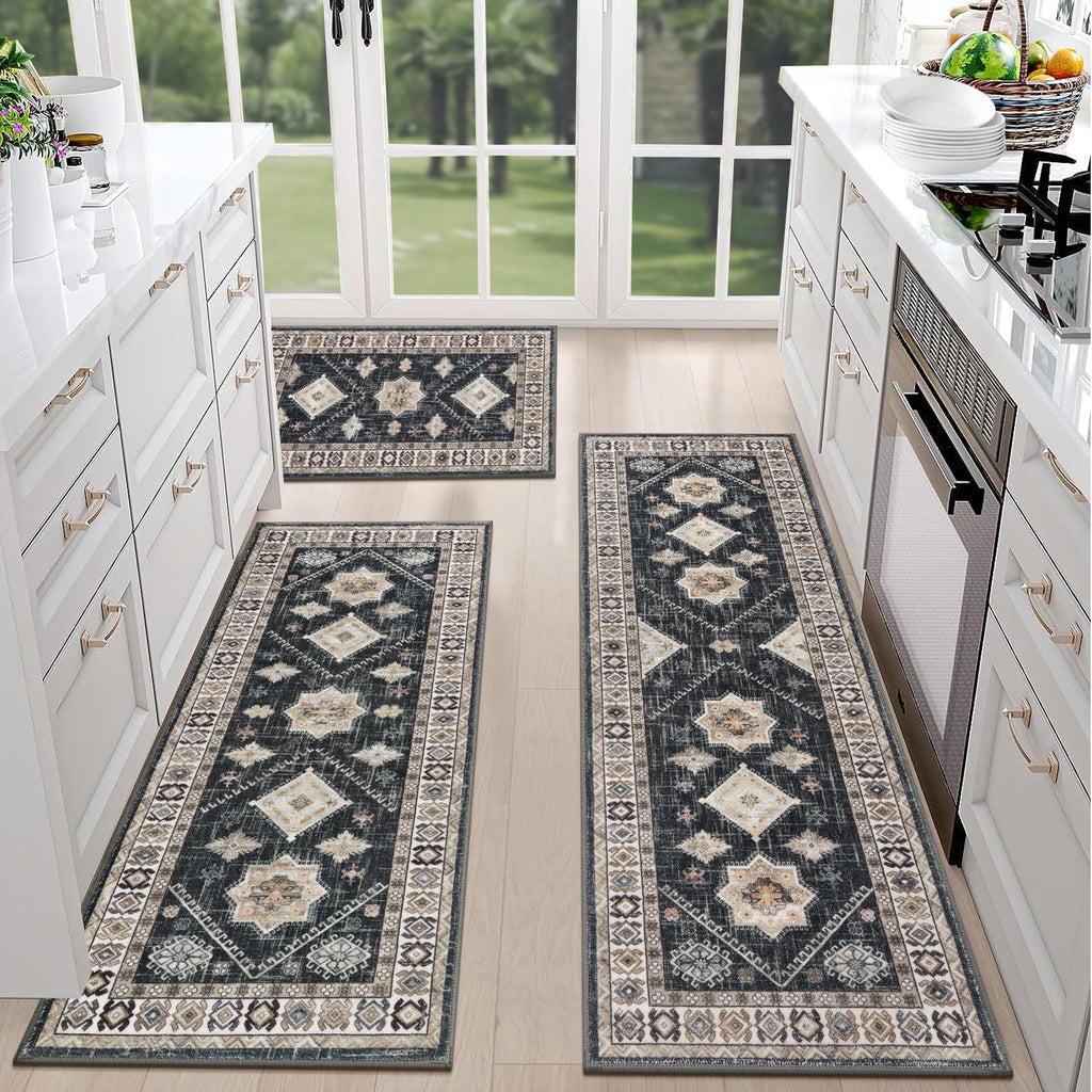 HEBE Boho Kitchen Rug Sets 3 Piece with Runner Non Slip Kitchen Rugs and Mats Washable Kitchen Mats for Floor Thick Kitchen Floor Mat Carpet Runner Rugs for Hallway Laundry Holiday Decor