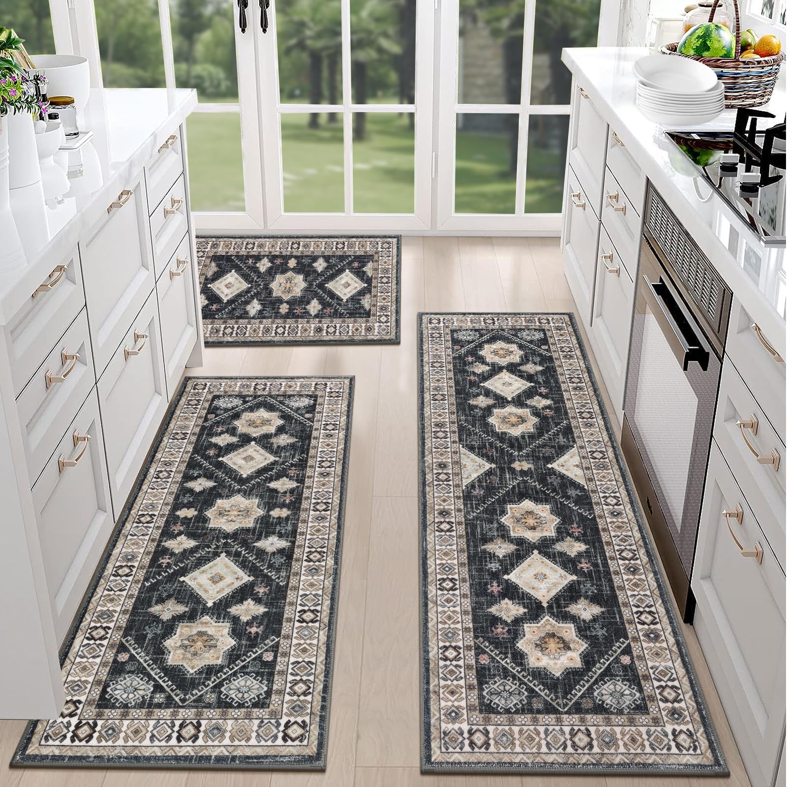 HEBE Boho Kitchen Rug Sets 3 Piece with Runner Non Slip Kitchen Rugs and Mats Washable Kitchen Mats for Floor Thick Kitchen Floor Mat Carpet Runner Rugs for Hallway Laundry Holiday Decor