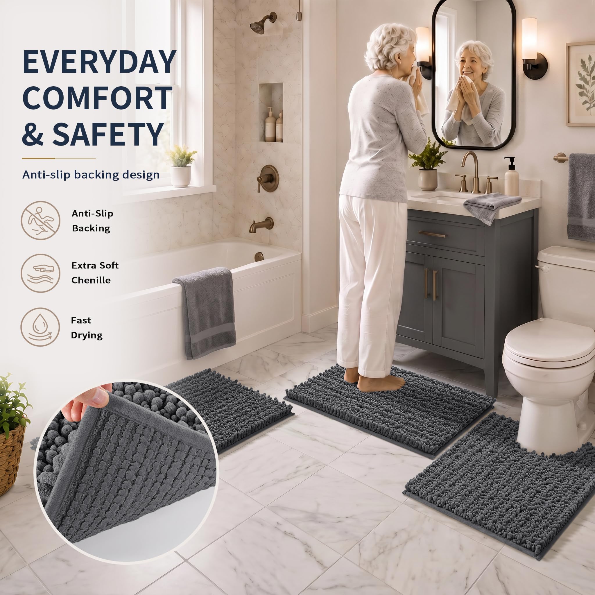 Yimobra Black Bathroom Rug Set 3 Piece - Super Absorbent Quick Dry Chenille Bath Mats & Toilet Rug, Non Slip Machine Washable, Extra Thick Shaggy Floor Mat for Shower Tub Sink