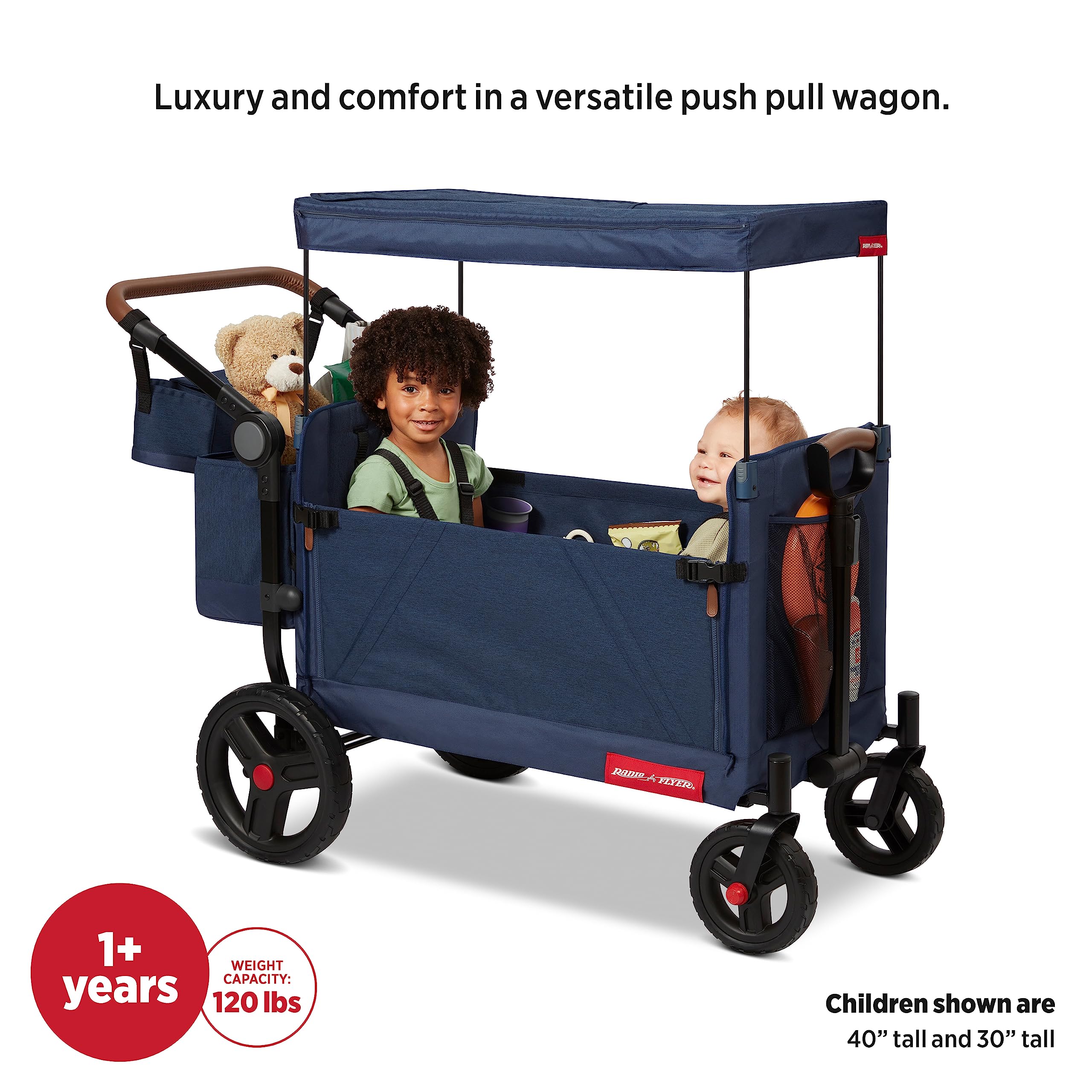 Radio Flyer Atlas Stroll 'N Wagon, Navy Blue, For Ages 1+, 3-in-1 Push or Pull Versatility, One-Hand Fold, UV Canopy, 5-Point Harnesses, Storage Capabilities, Rubber Wheels, Stroller Wagon for Kids