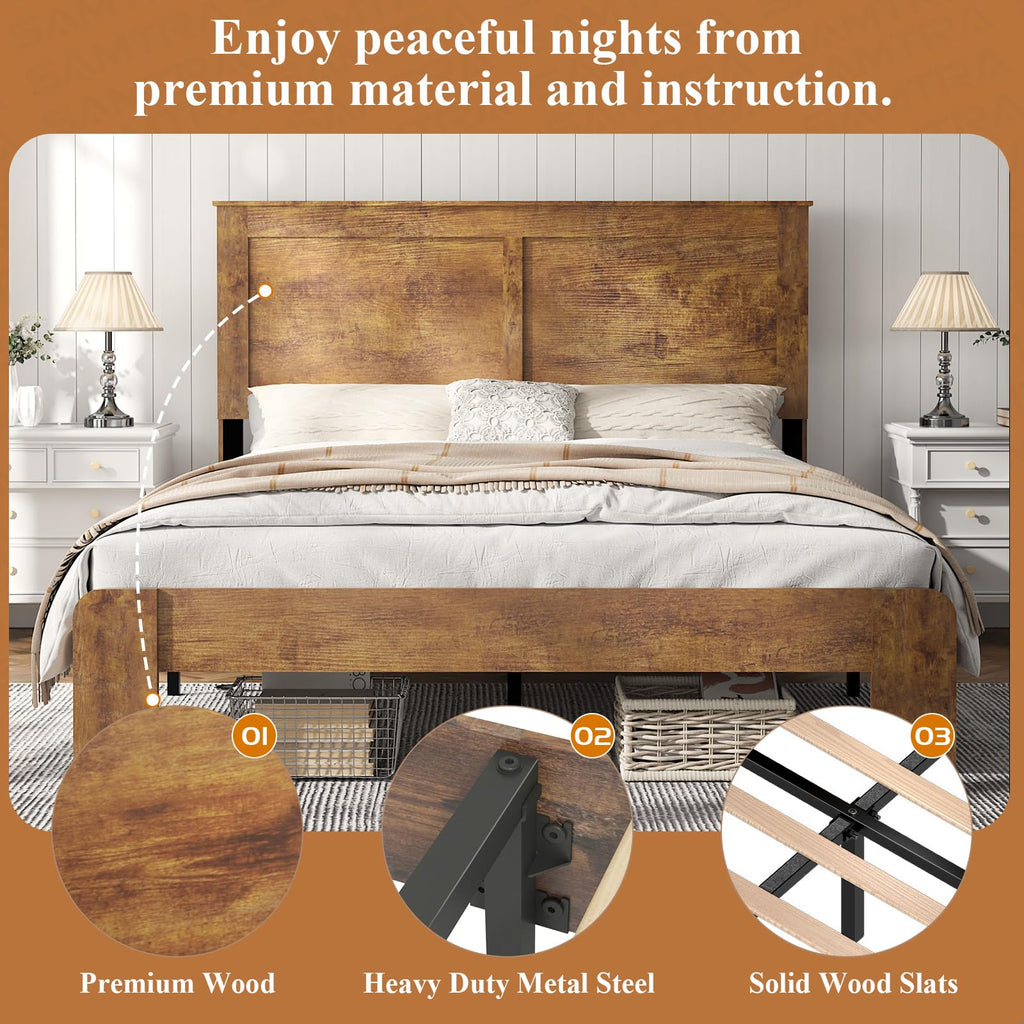 Wooden Bed Frame Full Size with Headboard, Farmhouse Platform Bedframe with Wood Slat Support, Sturdy Framework Bed Frame, Easy Assembly (Rustic Black)