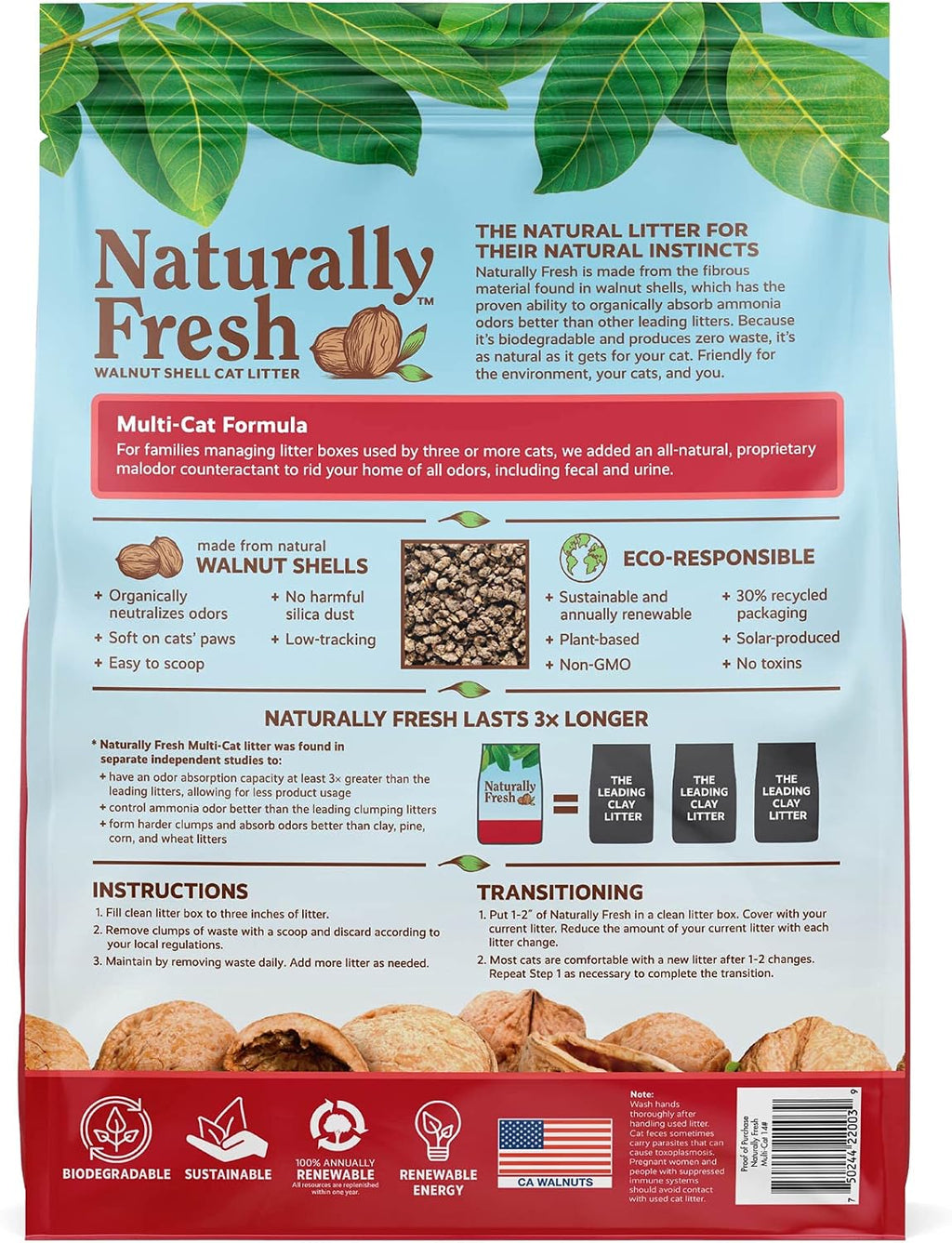 Naturally Fresh Cat Litter Made From Walnut Shells, Multi-Cat, Unscented, Upcycled, Low Dust, Sustainable, 40 Lbs