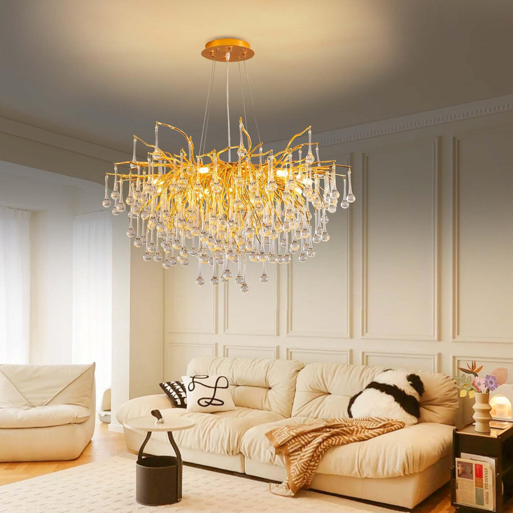 Modern Crystal Raindrop Chandelier, L40'' Black Linear Rectangle Art Deco Tree Branch Lighting Fixture for Kitchen Island Living Room Foyer Staircase 10 Lights