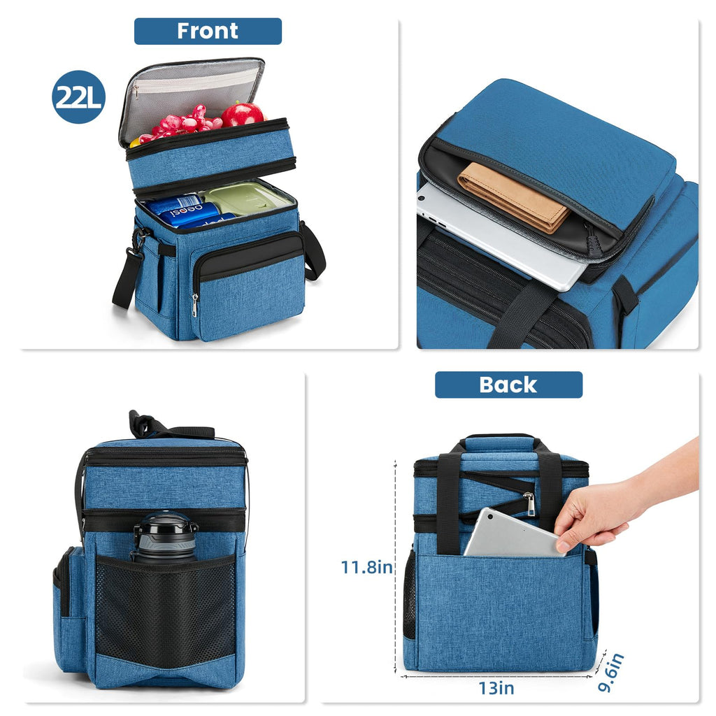 holuxer Insulated Lunch Bag & Lunch Box for Men - Double Deck Reusable Lunch Bag for Women Tote Cooler Bag Leakproof Soft Expandable - Large Lunchbox for Work/Adult/Picnic/Outdoor (Black，15L)