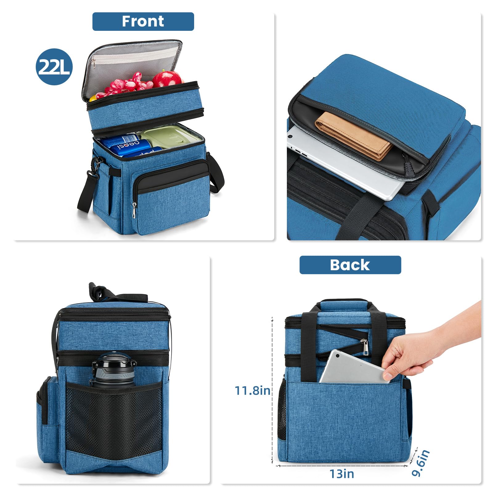 holuxer Insulated Lunch Bag & Lunch Box for Men - Double Deck Reusable Lunch Bag for Women Tote Cooler Bag Leakproof Soft Expandable - Large Lunchbox for Work/Adult/Picnic/Outdoor (Black，15L)