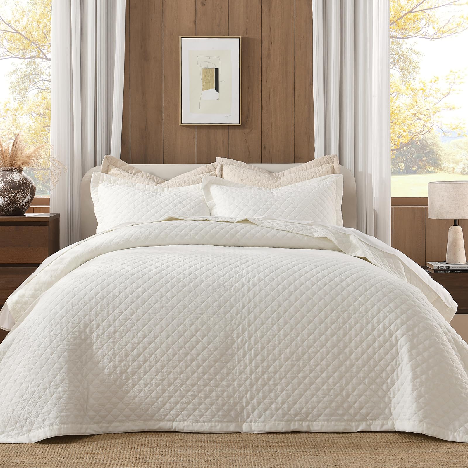 Grassix Linen Quilt Set Queen Size 3-Piece, 100% Linen Front & Cotton Back, Prewashed Diamond Stitch Bedspread with 2 Shams, Lightweight Breathable Quilt for Hot Sleepers, Modern Farmhouse Bedding