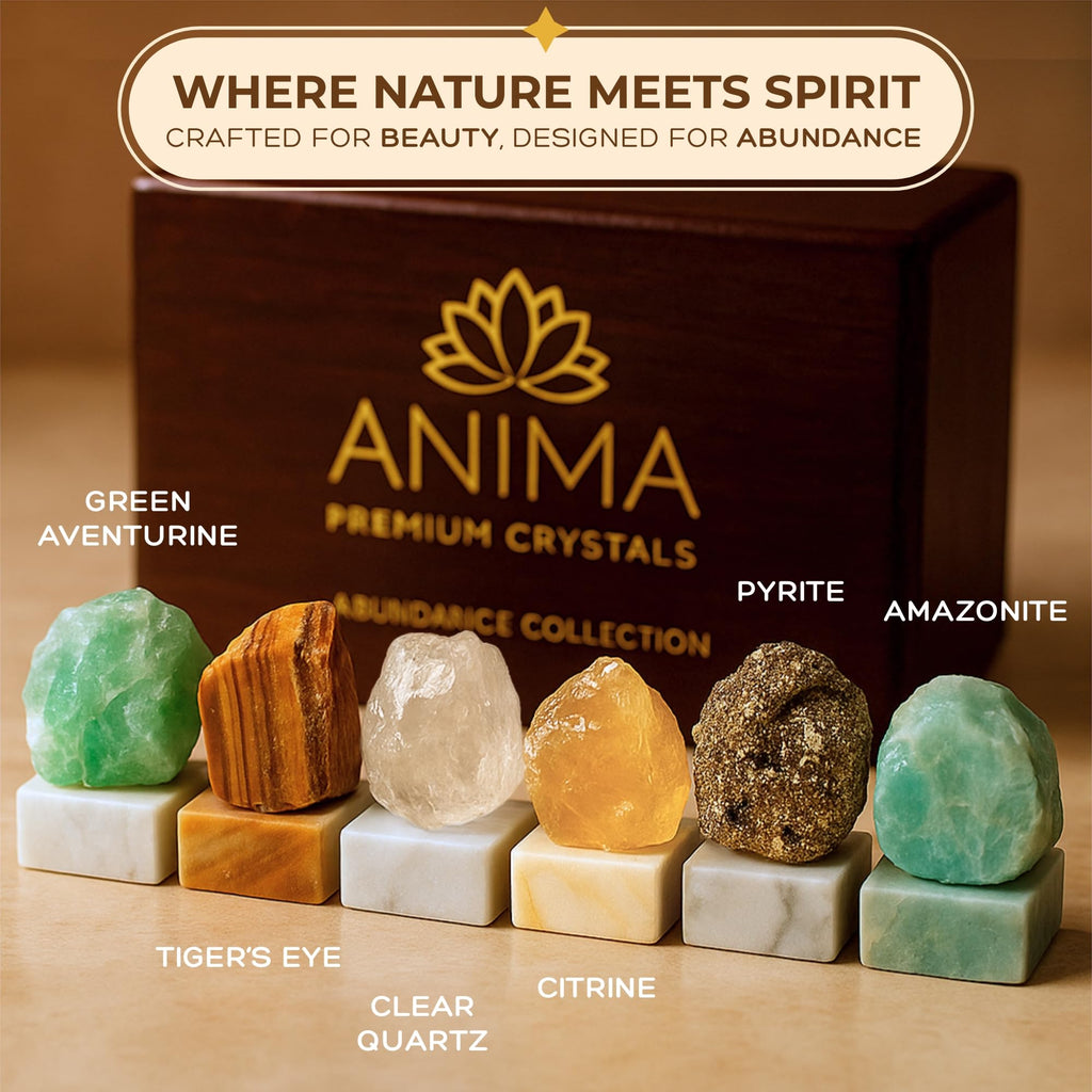 Anima Premium 7 Chakra Healing Crystals Set for Energy Alignment - Large Raw Amethyst, Rose Quartz, Citrine, Lapis Lazuli, Clear Quartz, Tigers Eye & Red Jasper - Wooden Gift Box & Guidebook Included