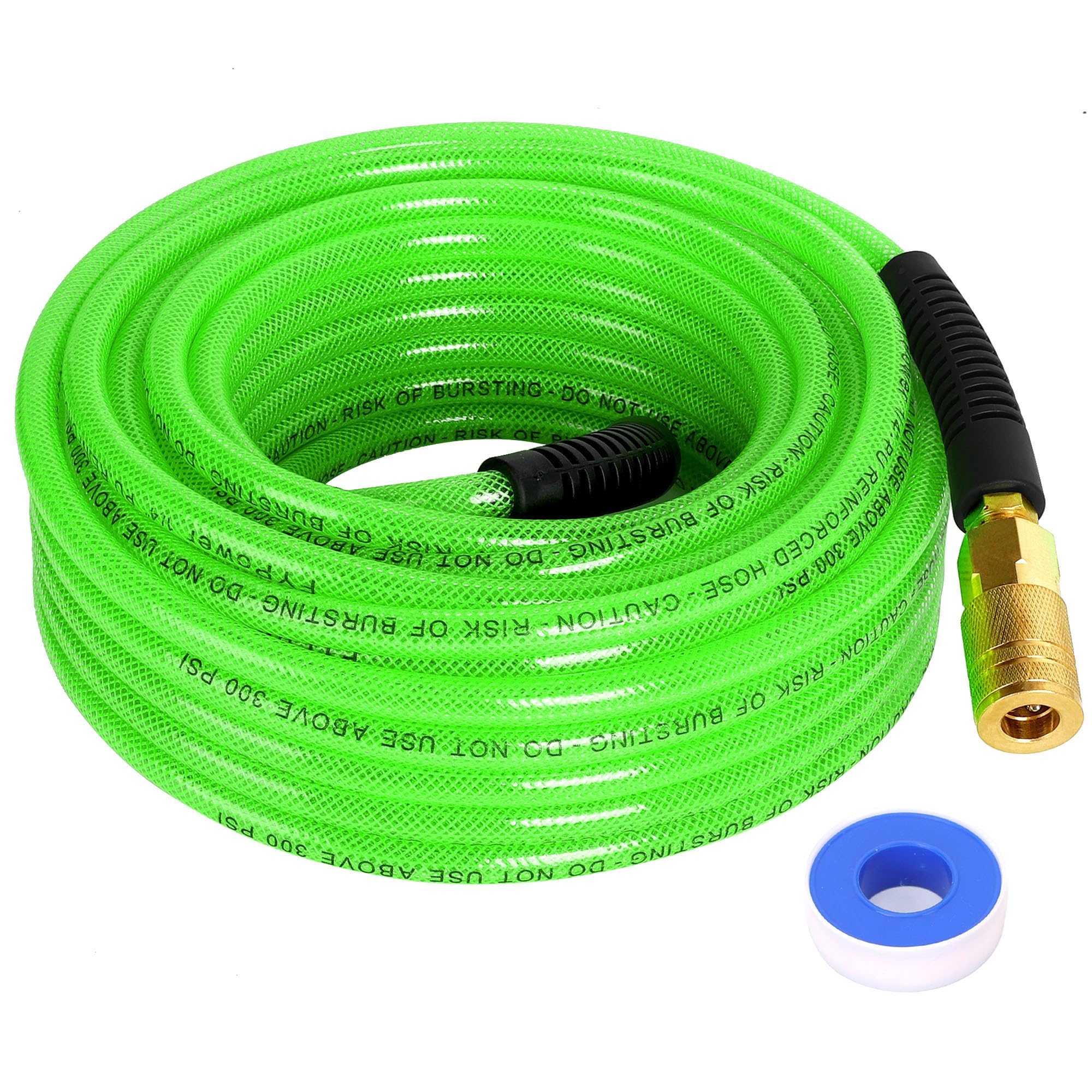 Air Compressor Hose 1/4 Inch x 25 Feet Reinforced Polyurethane (PU) Air Hose with Fittings, Bend Restrictors, 1/4" Industrial Quick Coupler and Plug Kit, Green