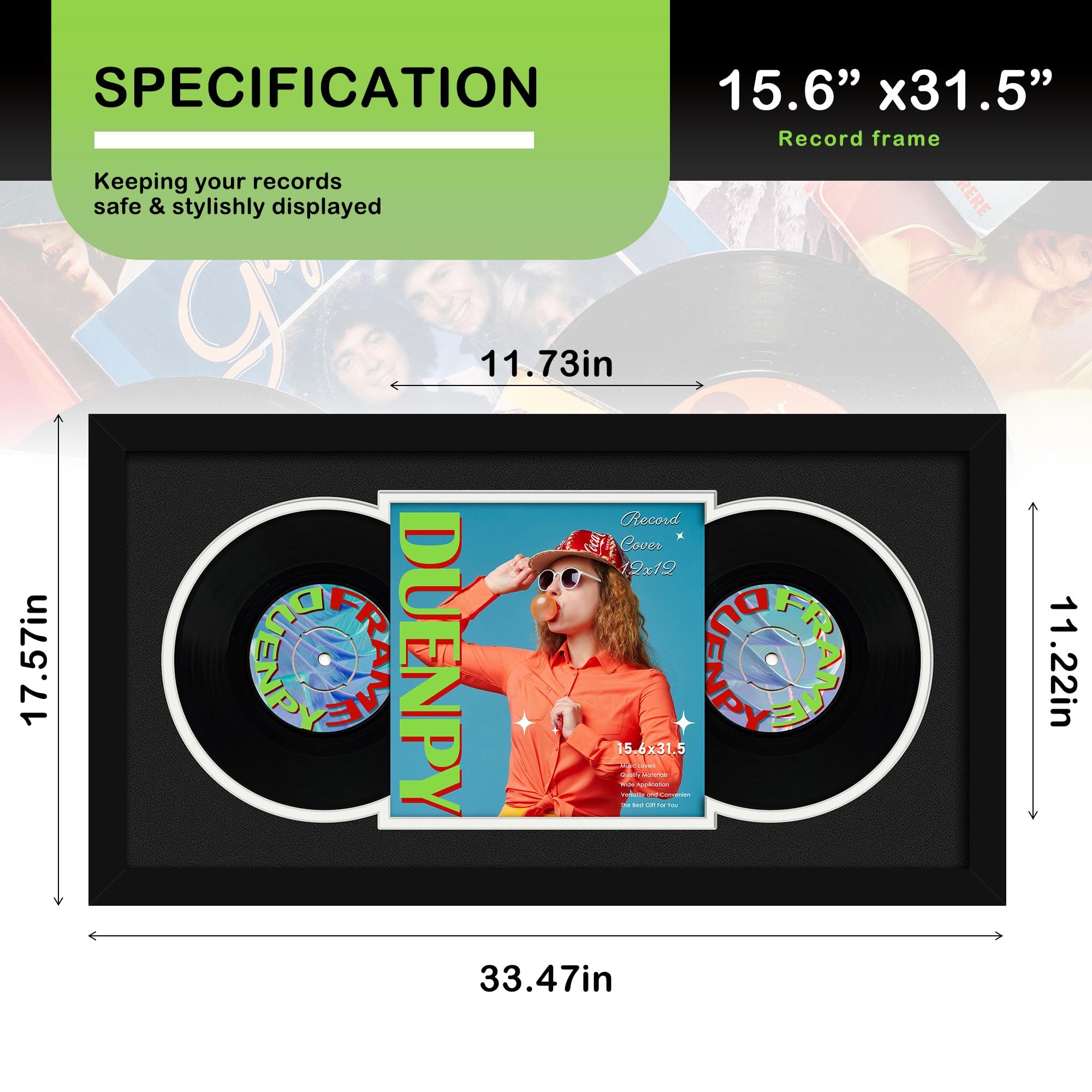 DUENPY Vinyl Record Display Frame 16x22 Inches Display Record Album and 12.5x12.5 Album Cover Art（Black Bottom Mat） Wall Mount
