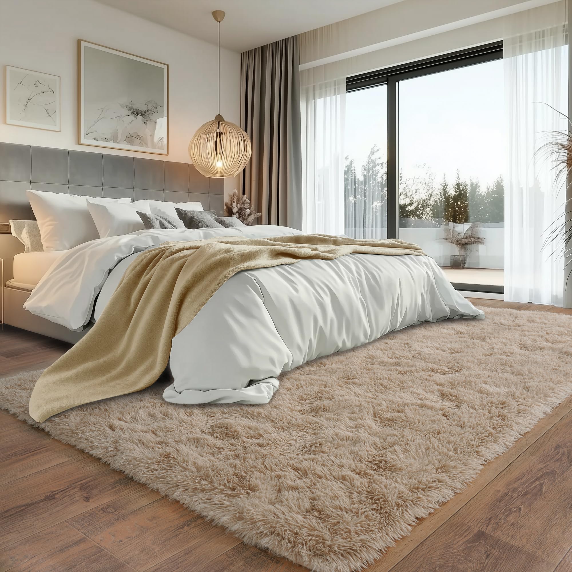 Beige Fluffy Rug for Bedroom 4x6ft - Ultra Soft & Non Slip Shaggy Area Rug, Comfy Durable Carpet for Living Room Kids Room Teens Dorm Home Decor, 1.7'' Thick Indoor Plush Carpets
