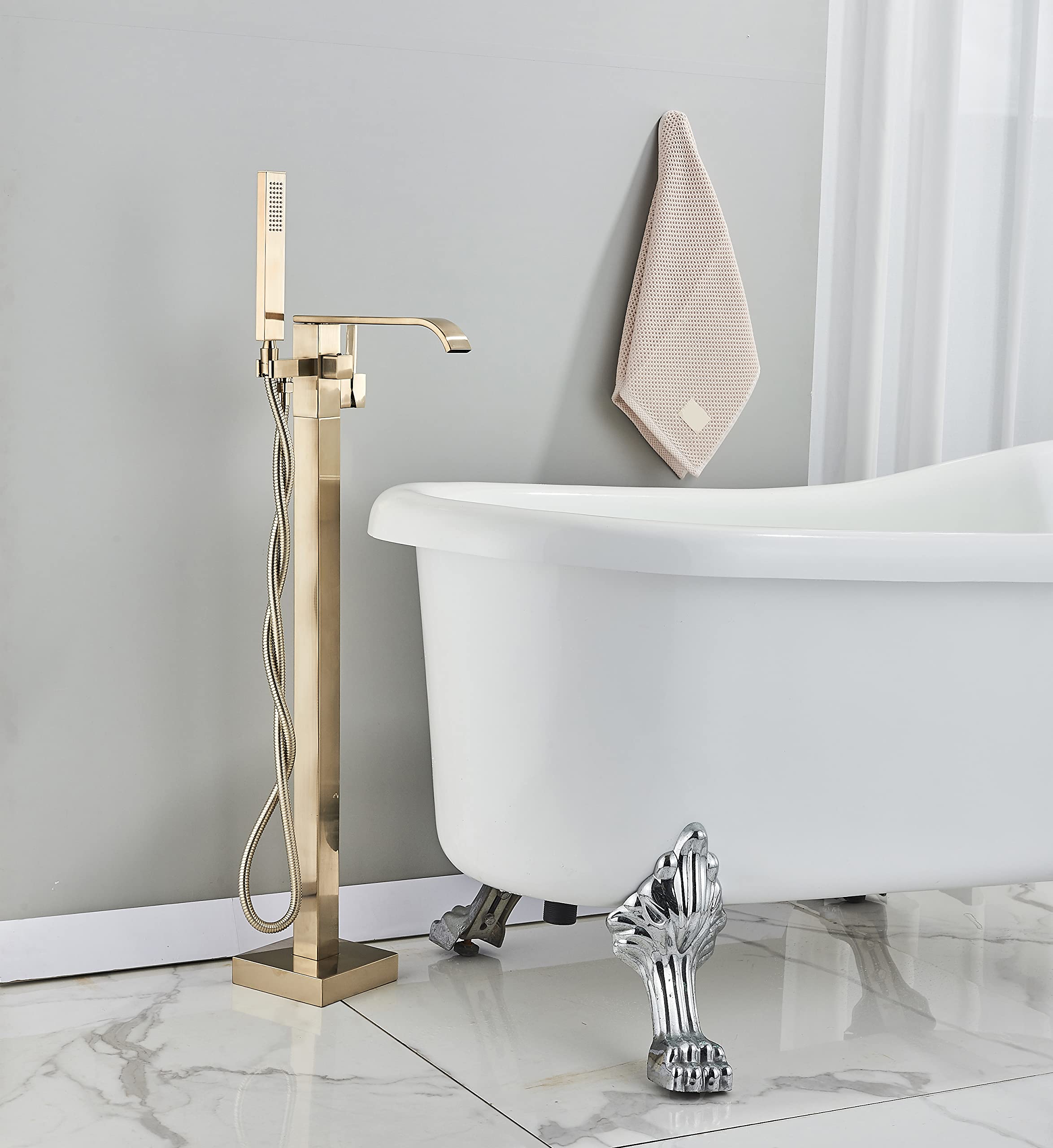 Brushed Gold Freestanding Bathtub Faucet with Hand Shower Tub Filler Faucet Floor Mounted High Flow Single Handle Bath Filler Solid Brass