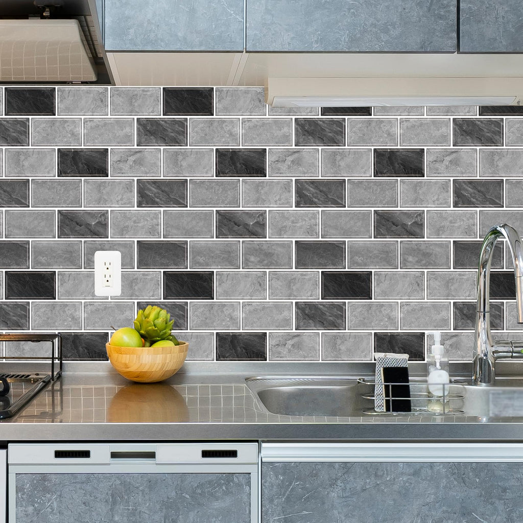 URCOLOR 10-Sheet Back Splashes for Kitchens Peel and Stick,12"x12" Self Adhesive Subway Wall Tiles Stick on backsplash Tiles for Bathroom Black Marble