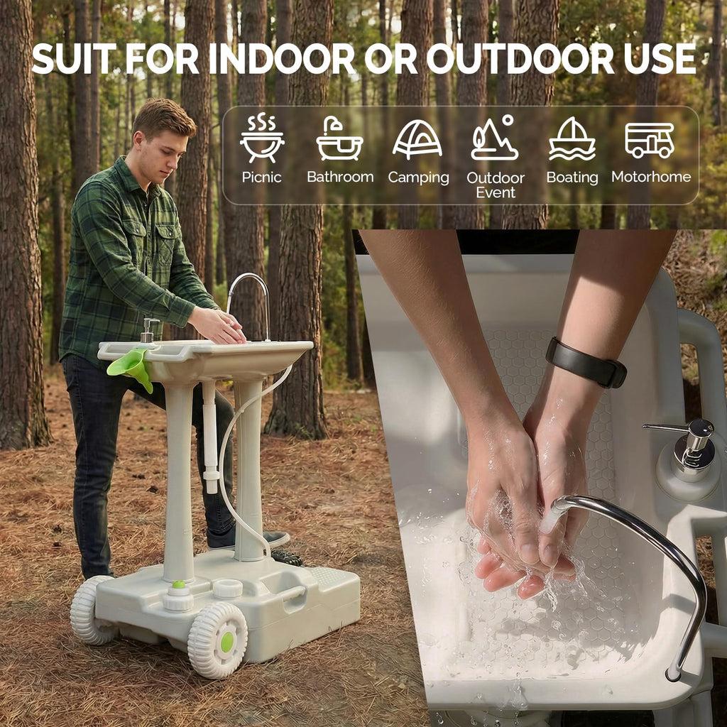 VINGLI Upgraded Portable Sink| Rolling Hand Wash Basin Stand with Towel Holder & Soap Dispenser & Wheels, Perfect for Garden/Camping/Outdoor Events/Gatherings/Worksite/RV/Indoor