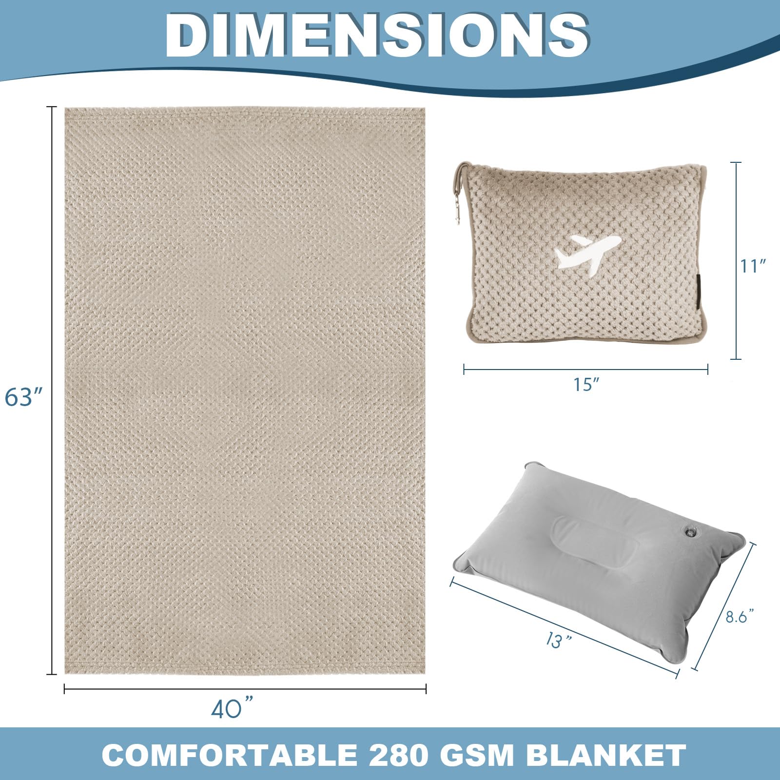 Travel Blanket Airplane Compact with Bag, Travel Essentials 3 in 1 Packable Airplane Blanket, Travel Pillow and Blanket Set, Inflatable Pillow, Luggage Sleeve & Backpack Clip (Camel)