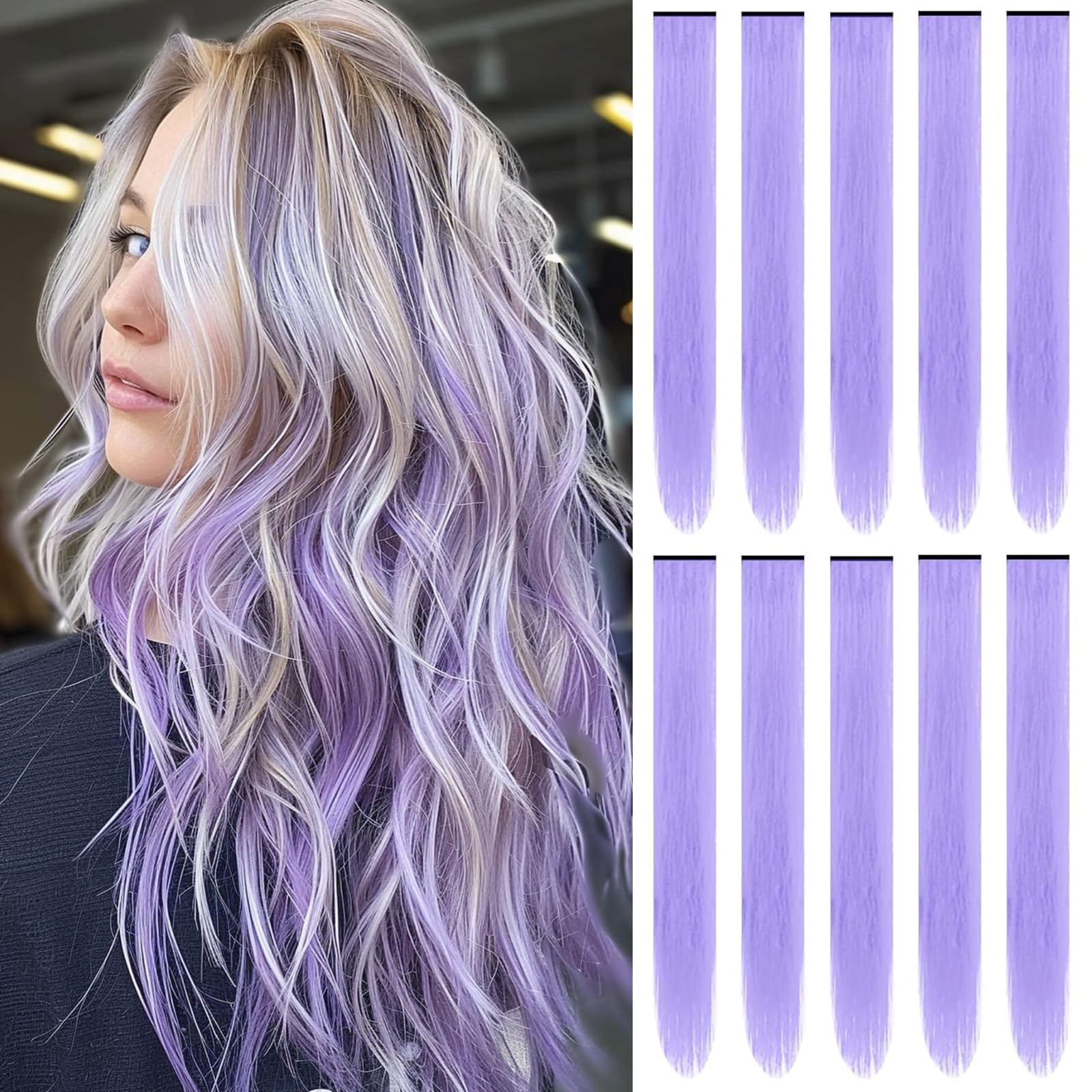22 inch Colored Hair Extensions,Colorful Clip in Long Straight Synthetic Hair Extensions,Color Party Highlights Hairpieces for Women Girls Cosplay Styling(10 PCS Black)