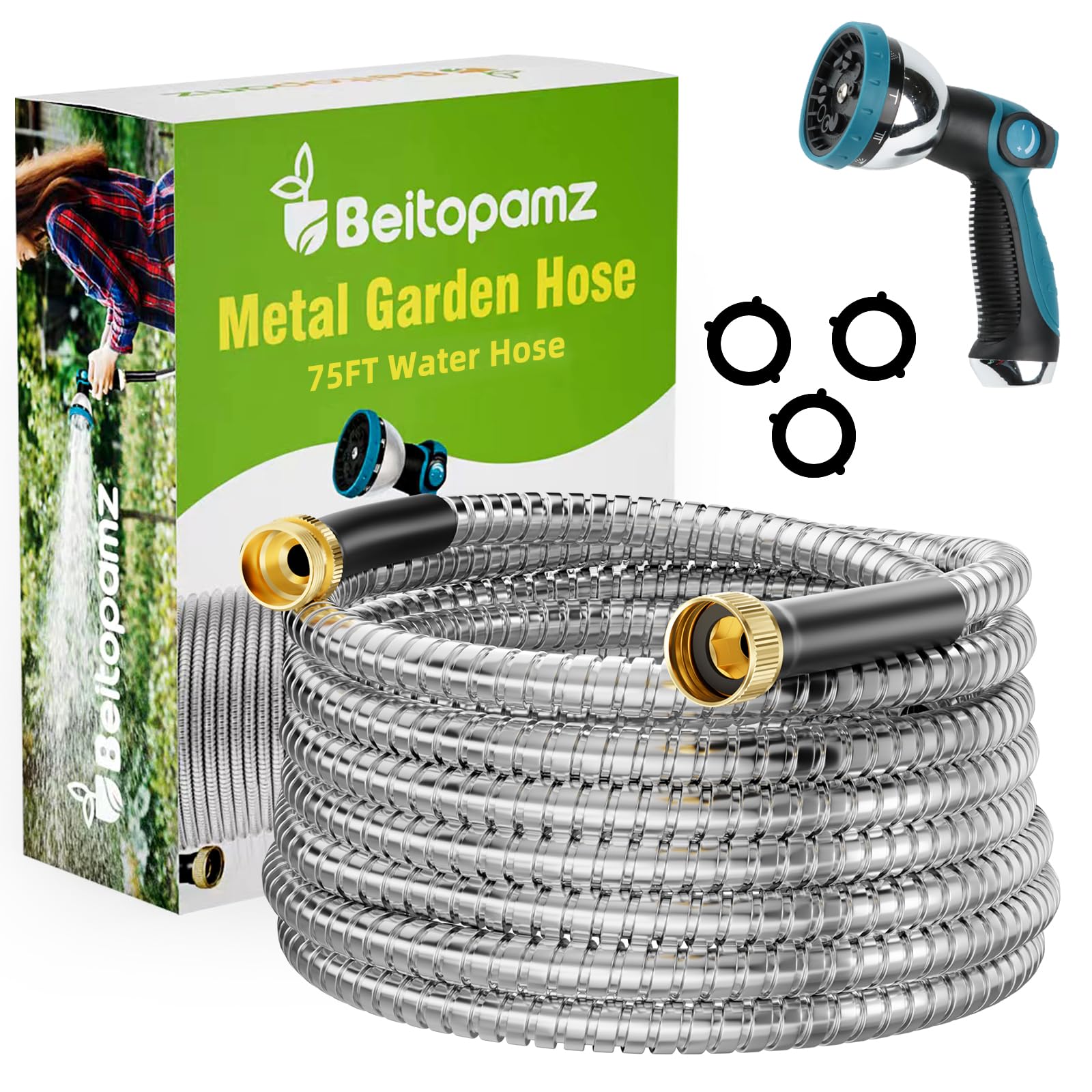 Beitopamz Garden Hose 25 ft, Stainless Steel Metal Water Hose with Nozzle, Flexible and Durable, Rust Proof, No-Kink, Heavy Duty, Leakproof 3/4'' Brass Fittings, Lightweight Hose for Patio, Lawn