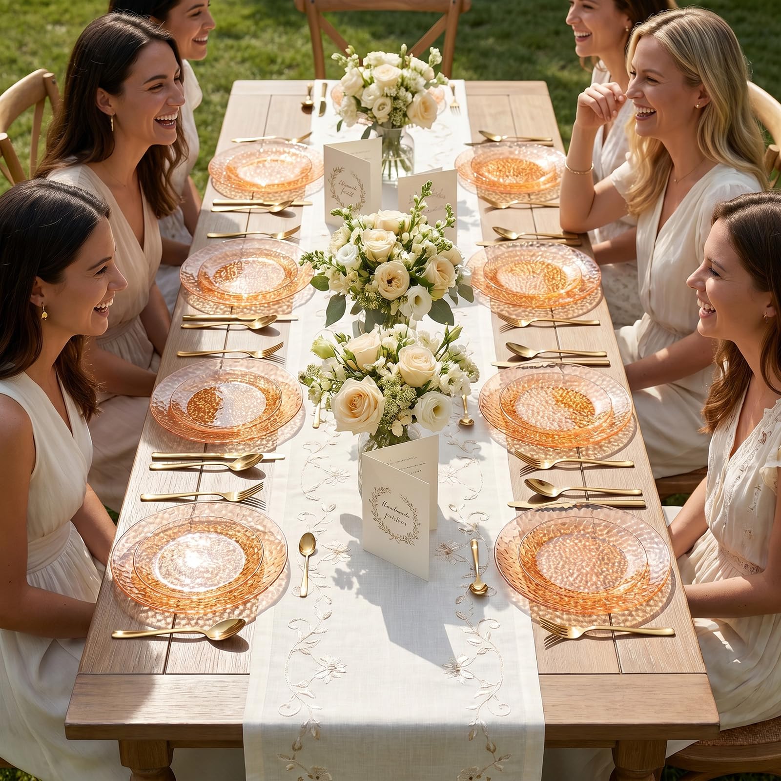 Rubtlamp 100Pcs Amber Gold Plastic Plates, Disposable Plates With Gold Rim, Heavy-duty Party Platos, Hammered Plastic Plates Include 50 Clear Dessert Plates, 50 Dinner Plates for Party