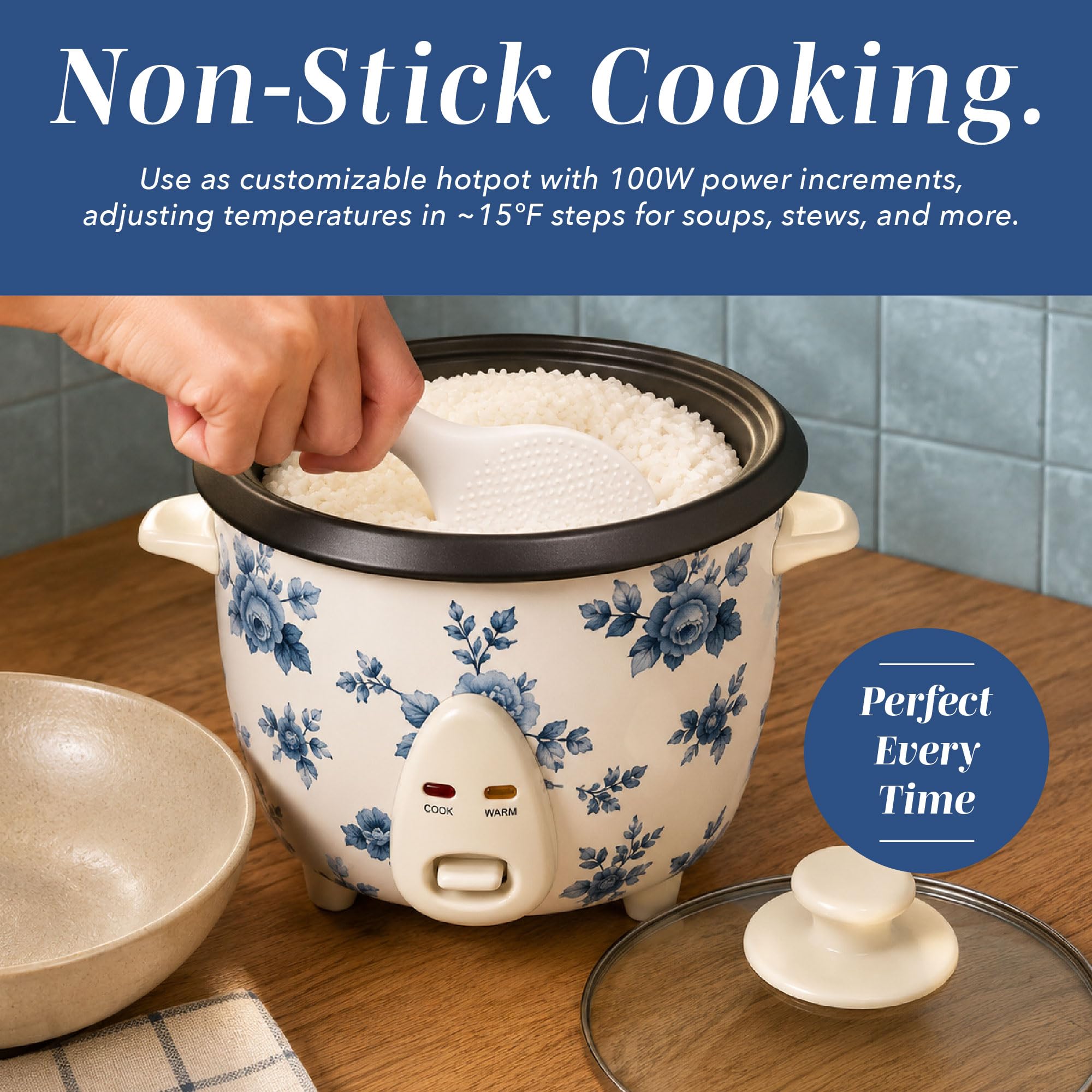 COOK WITH COLOR 6 Cup Rice Cooker 300W - Effortless Cooking and Perfectly, Cooks 3 Cups of Raw Rice for 6 Cups of Cooked Rice, Floral Blue