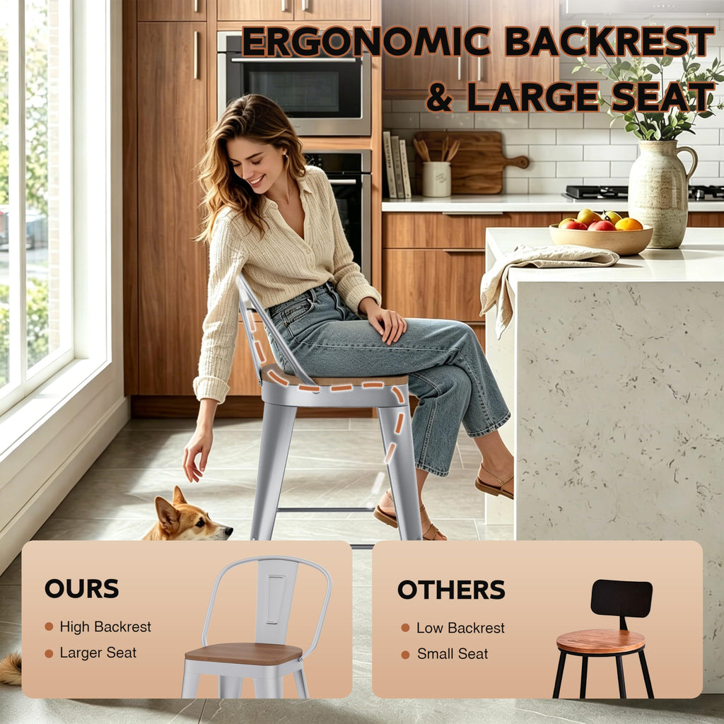 Barstools Set of 4 Counter Height Bar Stools for Kitchen Island Farmhouse Metal High Back Bar Chairs Wooden Seat 24" Matte Black
