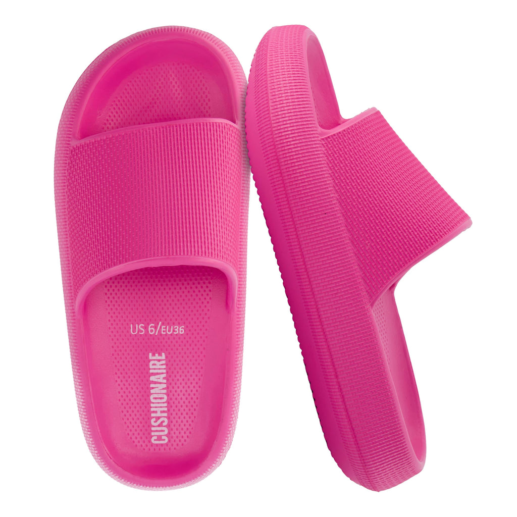 CUSHIONAIRE Feather EVA Slides for Women – Comfortable Slip On Womens Slippers, Indoor Outdoor Shower Shoes, Beach Essential Cloud Slides