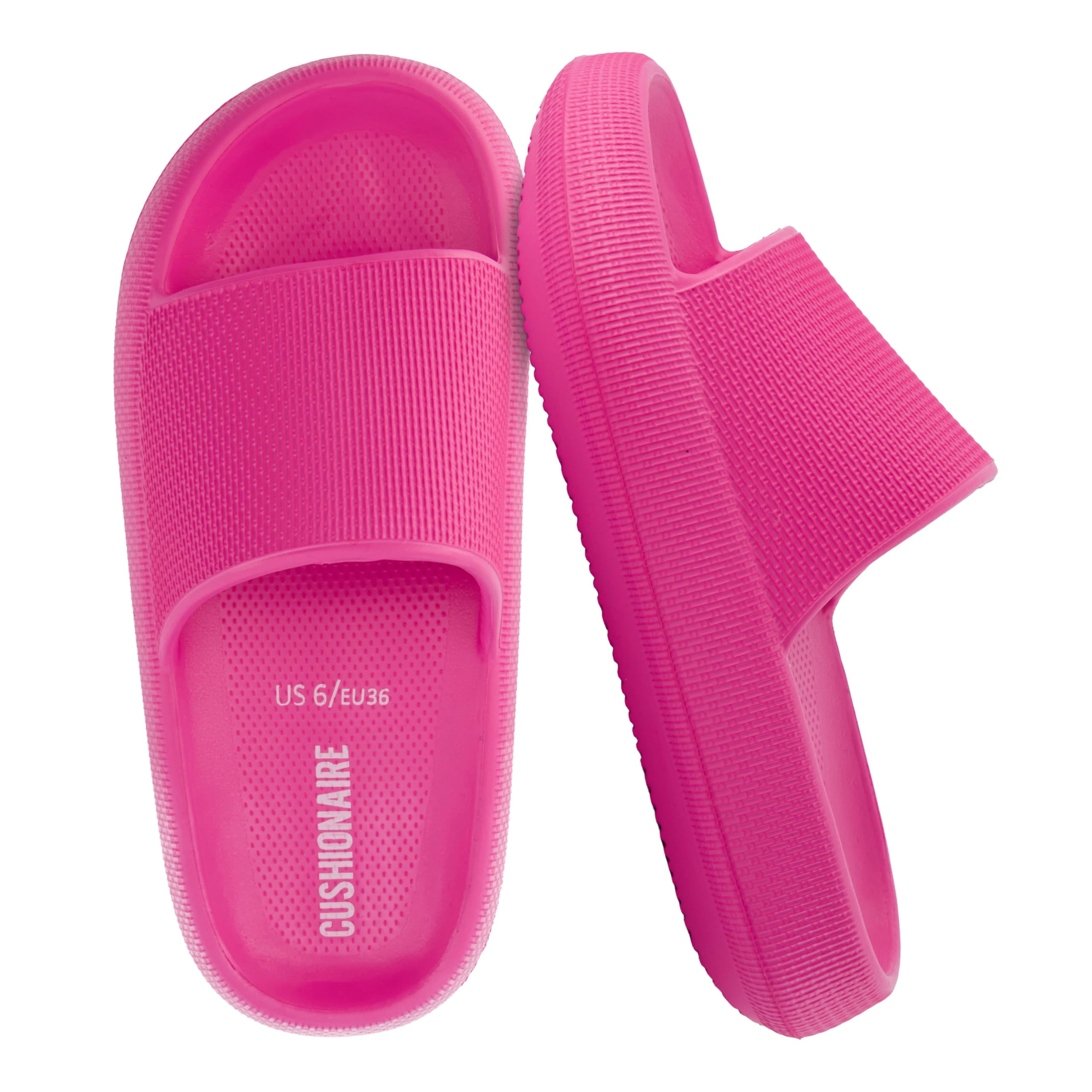 CUSHIONAIRE Feather EVA Slides for Women – Comfortable Slip On Womens Slippers, Indoor Outdoor Shower Shoes, Beach Essential Cloud Slides