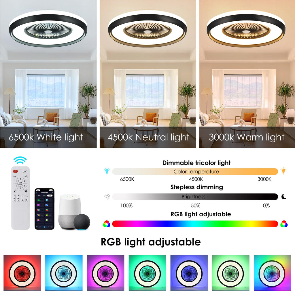 24" Bladeless Ceiling Fan with Light Remote, Smart LED Ceiling Fans with App Control, Modern Low Profile Dimmable Light Ceiling Fan for Bedroom Living Room Gold