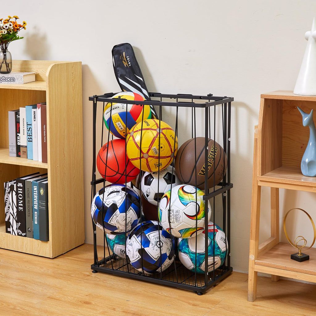 Hencawima Garage Ball Storage: Round Sports Equipment Organizer with Wheels, Sports Ball Rack With Elastic Rope, Ball Holder for Basketball, Soccer, Volleyball, Football, Garage, Gym, Outdoor (Black)