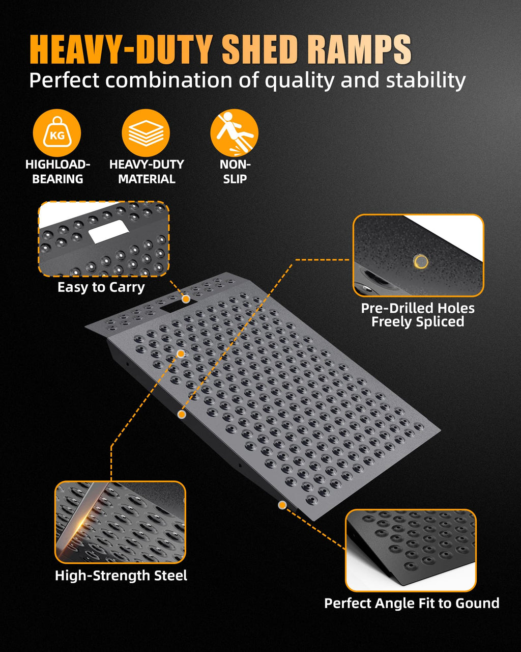 VNN 29" x 24" Shed Ramp for Riding Mower - 750 LB Capacity Shed Ramps, Anti-Slip Punch Plate Ramp for ATV, Motorcycles, Garages & Barns (1PC,Black, Alloy)