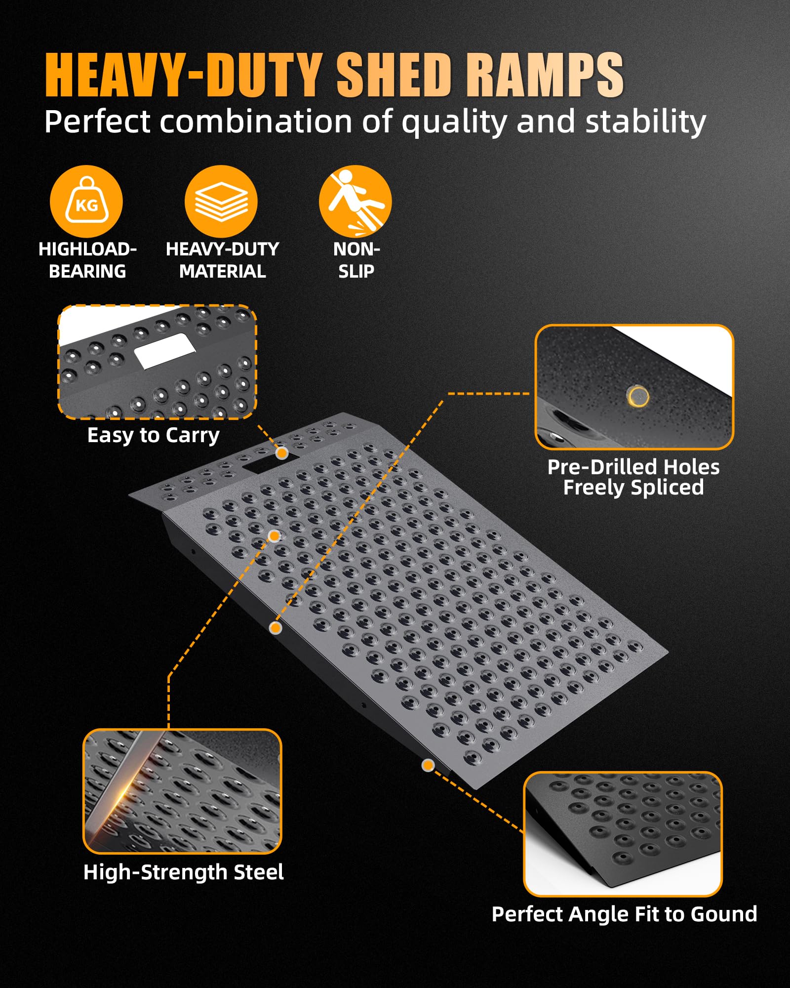VNN 29" x 24" Shed Ramp for Riding Mower - 750 LB Capacity Shed Ramps, Anti-Slip Punch Plate Ramp for ATV, Motorcycles, Garages & Barns (1PC,Black, Alloy)
