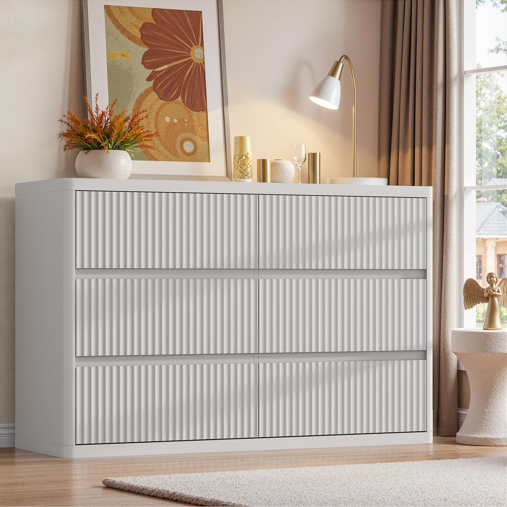 Standifurno Black 56" Tall Dresser for Bedroom, Fluted Modern 6 Drawers Deep Dressers, Wood Chest of Drawers with Handleless, Curved Profil Storage Closet Dressers for Bedroom, Living Room, Hallway