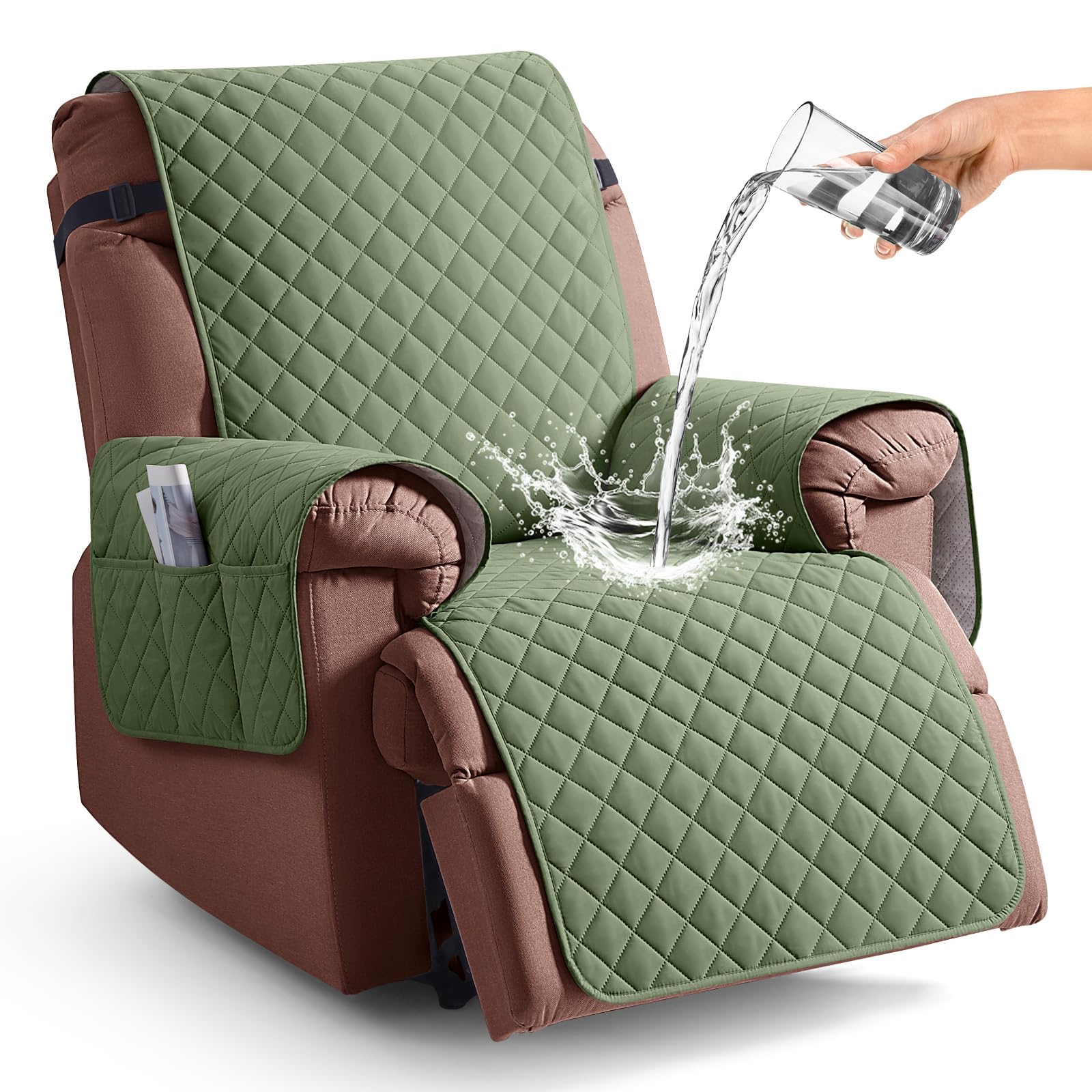 KinCam 100% Waterproof Recliner Chair Cover, Reclining Couch Covers for Pets, Dogs, Recliner Couch Slipcover Furniture Protector with Elastic Straps for Kids(23.6", Beige White)